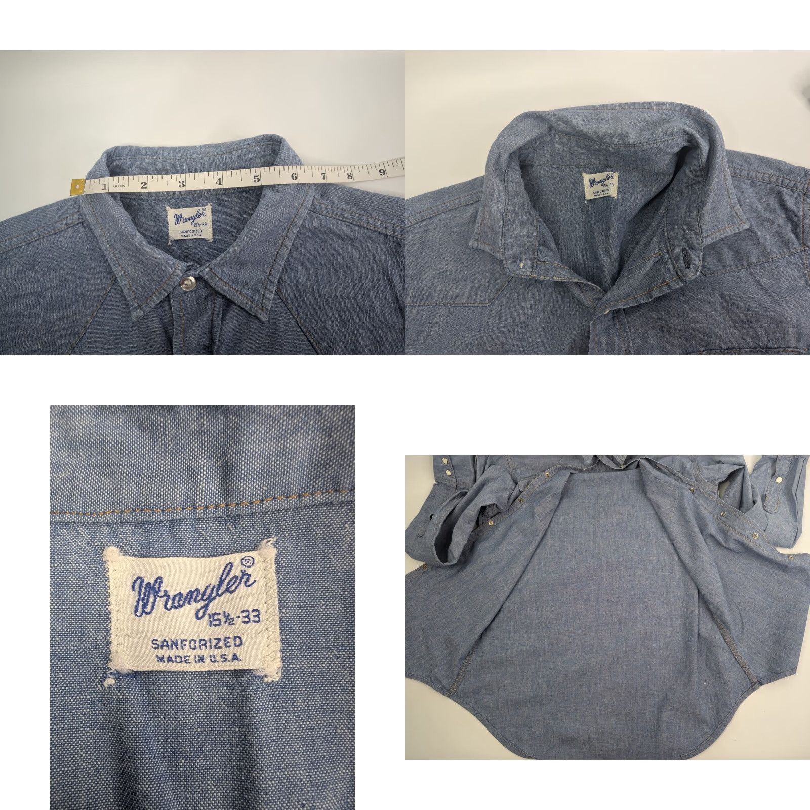 Wrangler VINTAGE Wrangler Chambray Denim Western Shirt Sanforized Snap Button 15.5 33 Blue Cotton Men Regular Size 15.5 XS-? Size US L / EU 52-54 / 3 - 10 Thumbnail