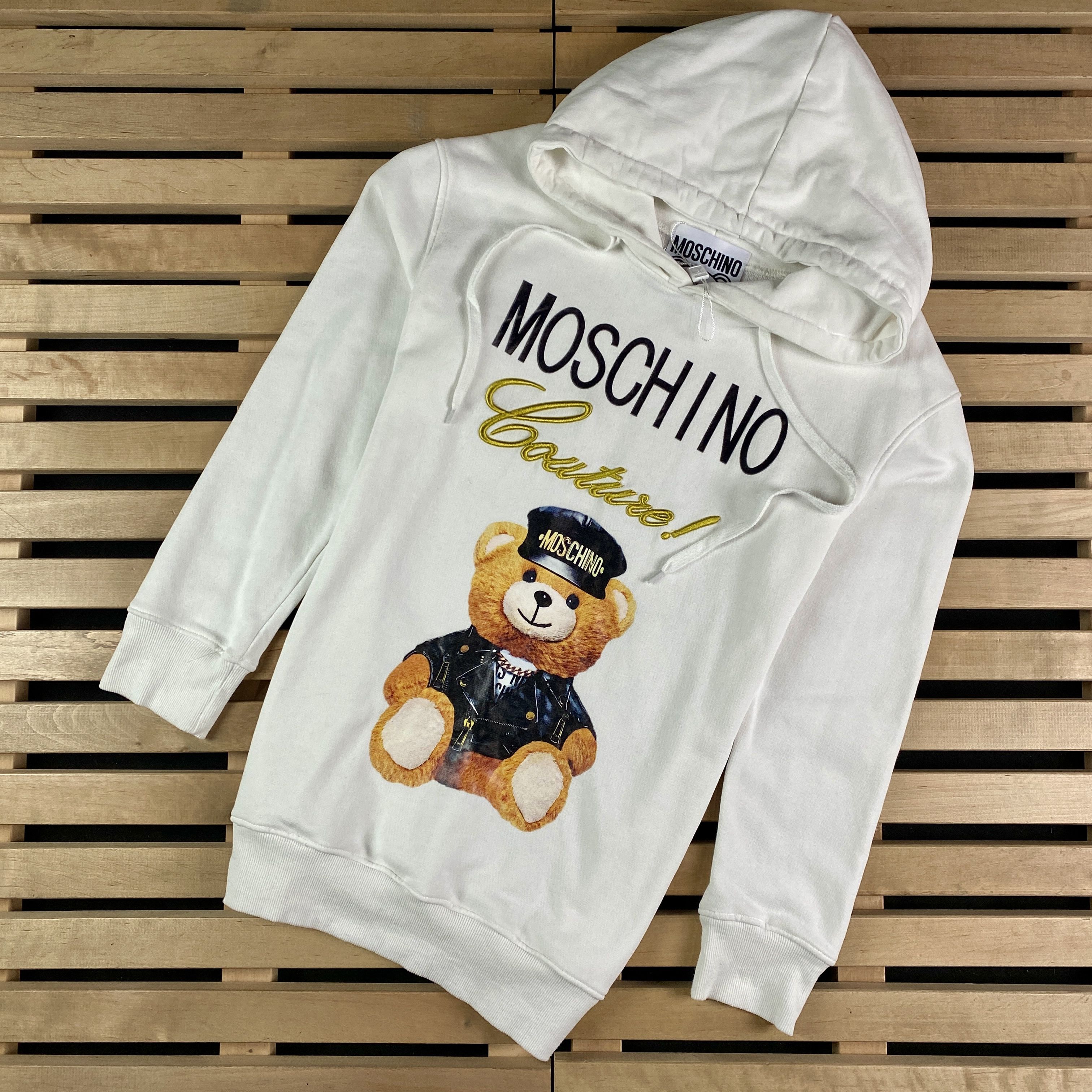 image of Mens Hoodie Long Sleeve Moschino Couture Size M-L Bear Print in White
