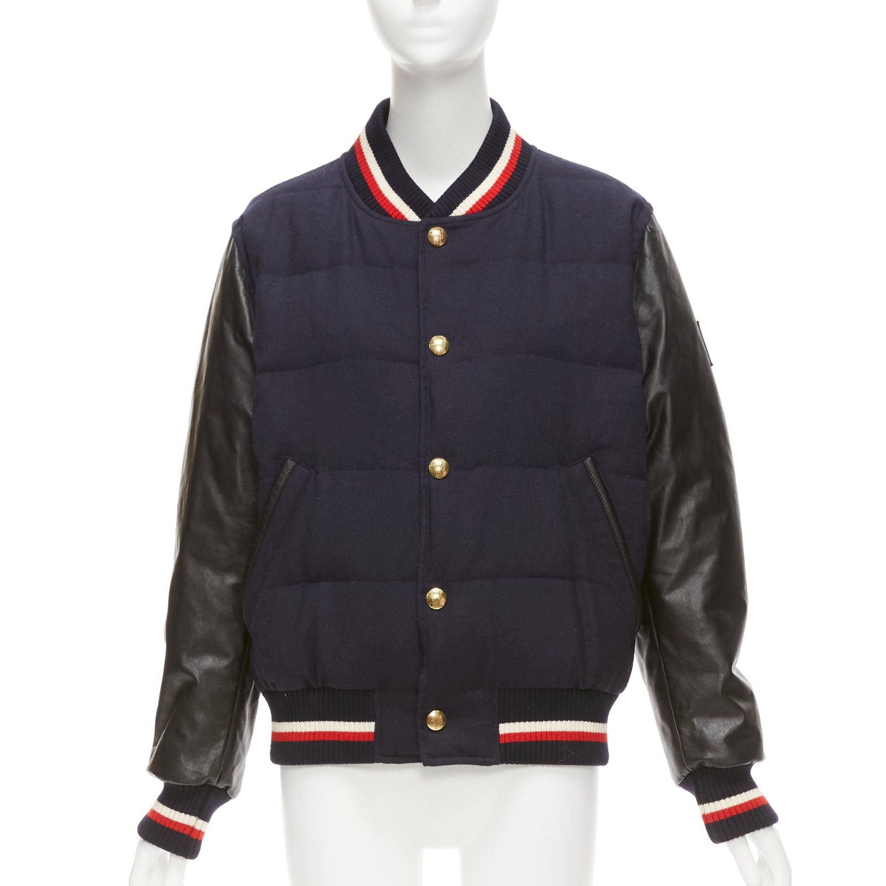 image of Moncler Gamme Bleu Navy Wool Leather Sleeves Goose Down Bomber Jacket Sz2 M in Black, Women's (Size