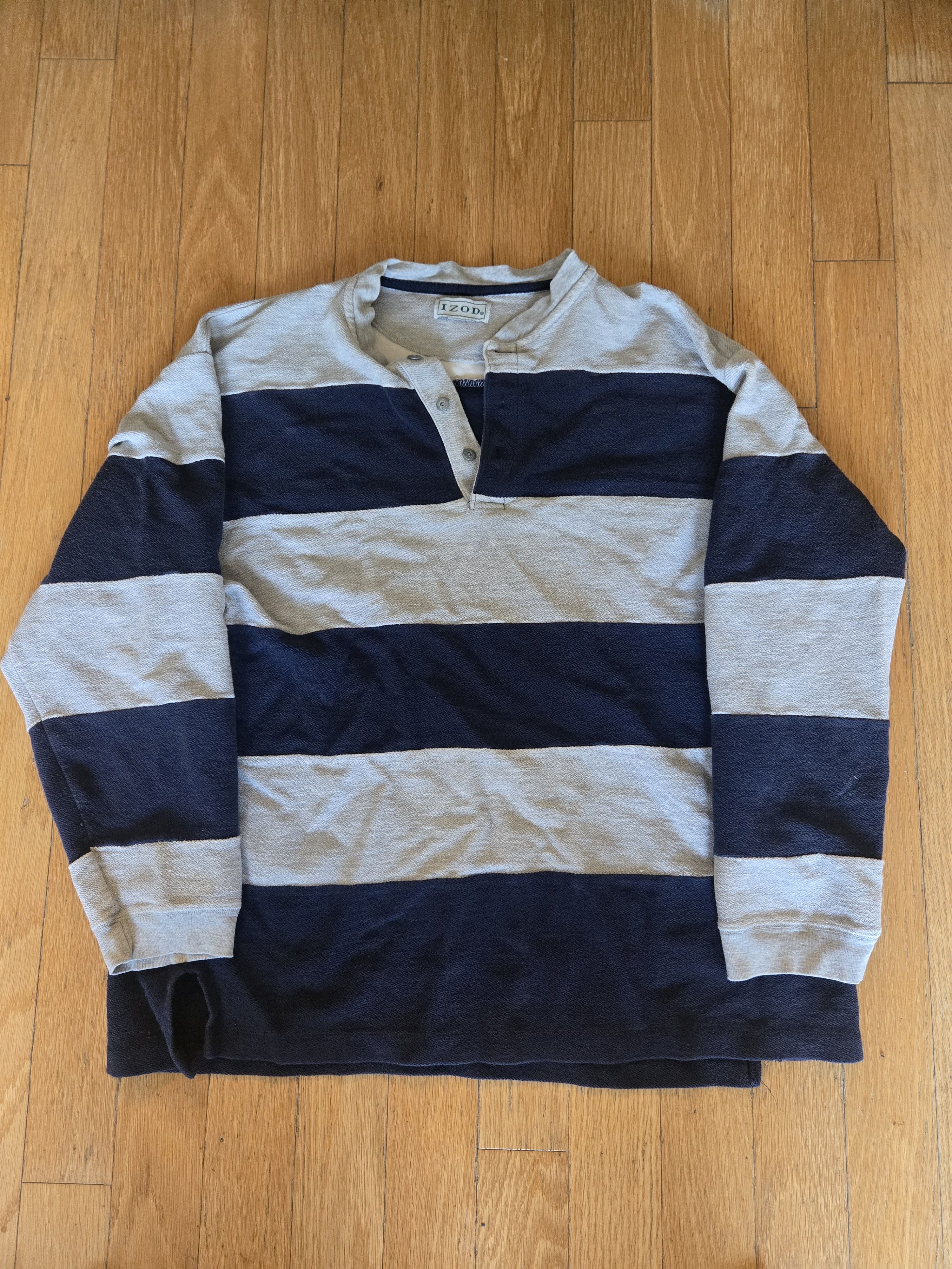 Izod VIntage Izod Mens Henley Shirt Large Navy Gray Rugby Stripe Size US L / EU 52-54 / 3 - 1 Thumbnail