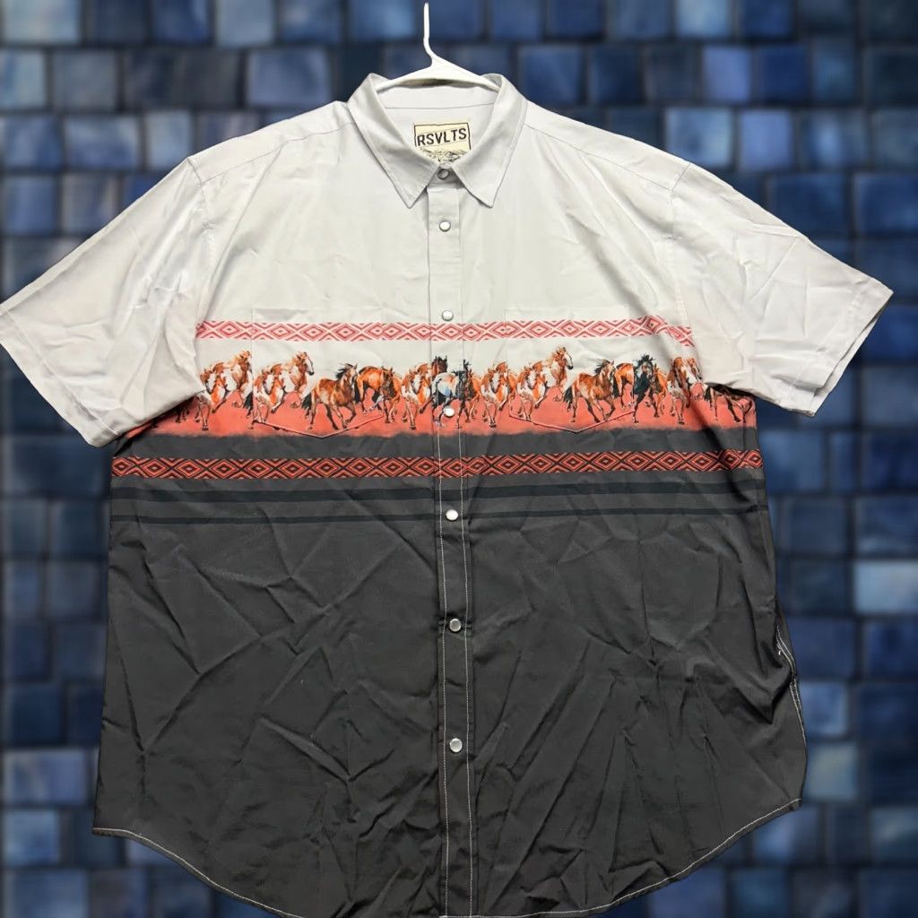 RSVLTS Western Collection Shirt Men 2XL S/S Pearl Snap Running Horses KunuFlex Multicolor Button-Up Casual