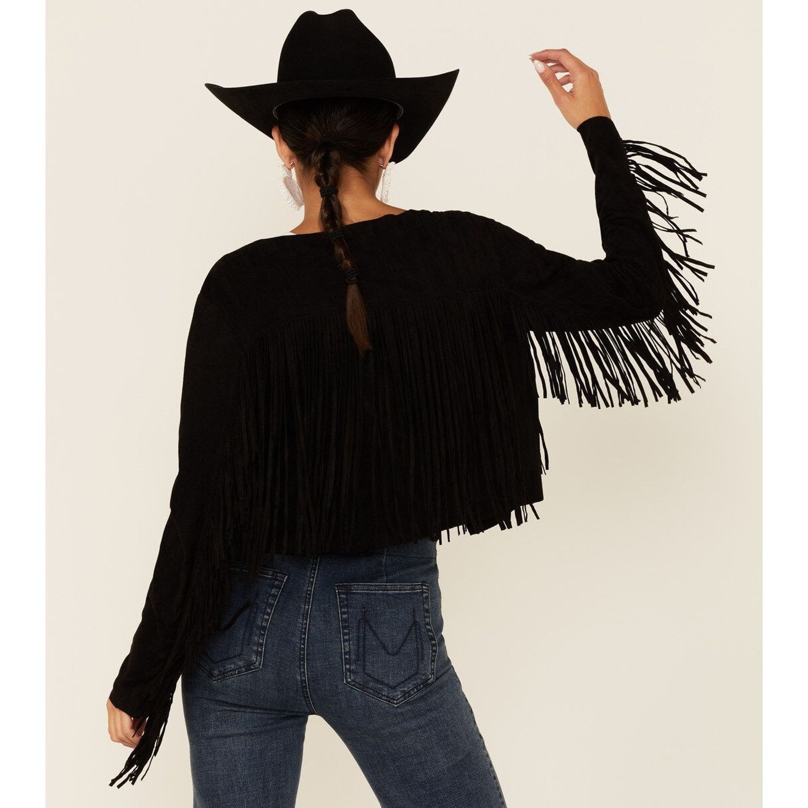 Other BLACK FAUX SUEDE FRINGED CROPPED WESTERN COWBOY MOTO JACKET Size M / US 6-8 / IT 42-44 - 2 Thumbnail