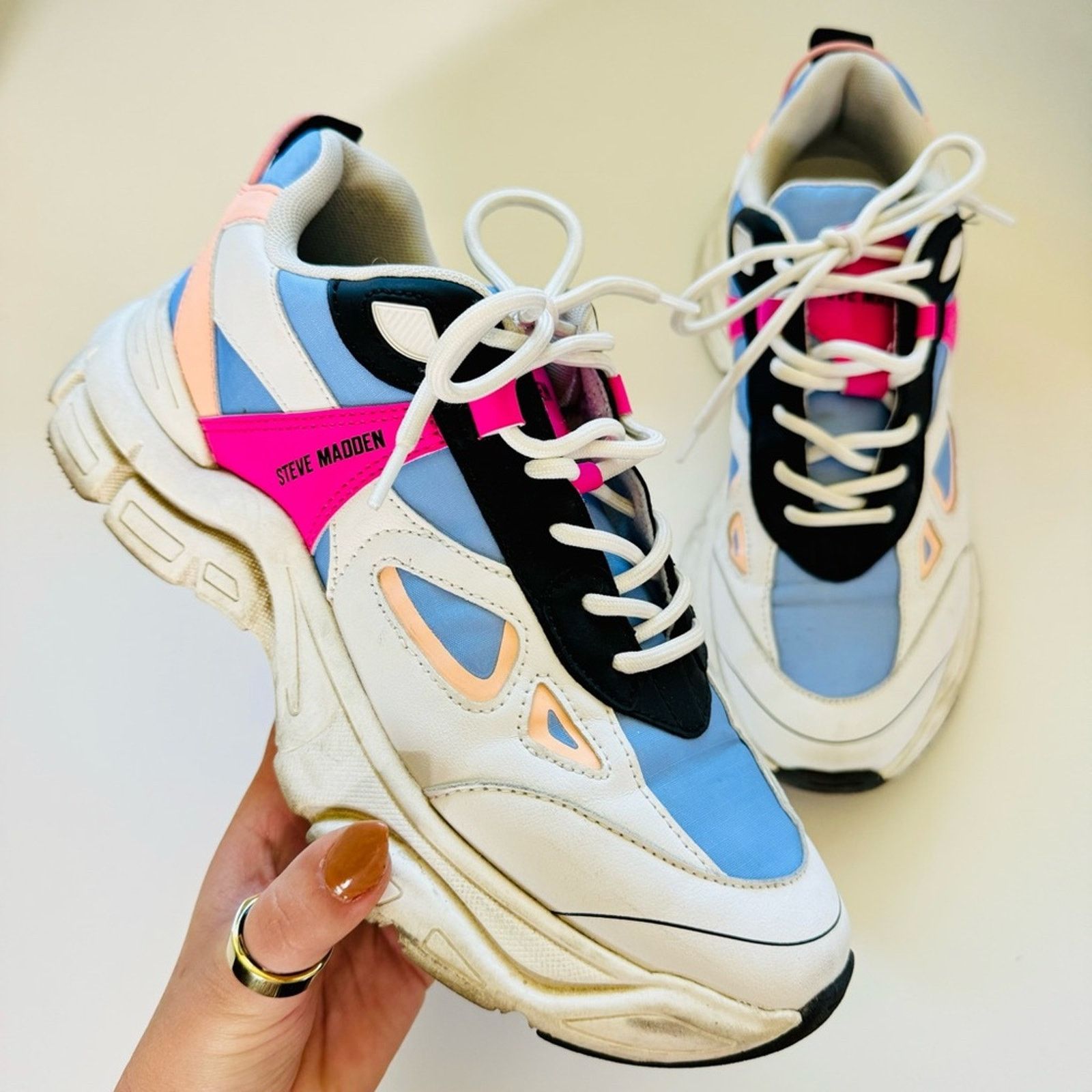 STEVE MADDEN White Blue Pink Chunky Platform Sneakers Shoes