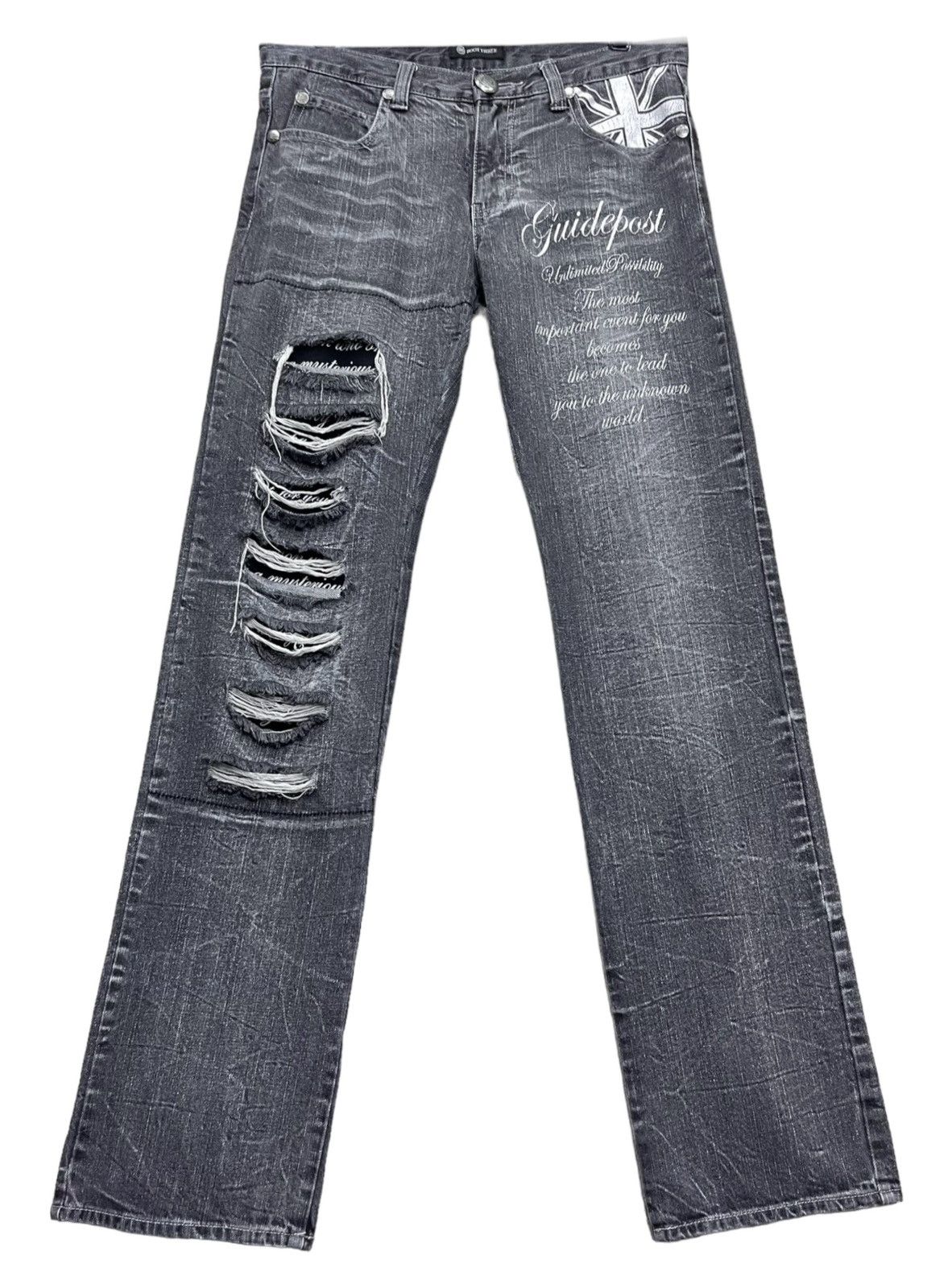 Roots ROOTTHREE Embossed SKULL BONES Grunge Ripped Punk Union Jack Size 31" - 4 Thumbnail