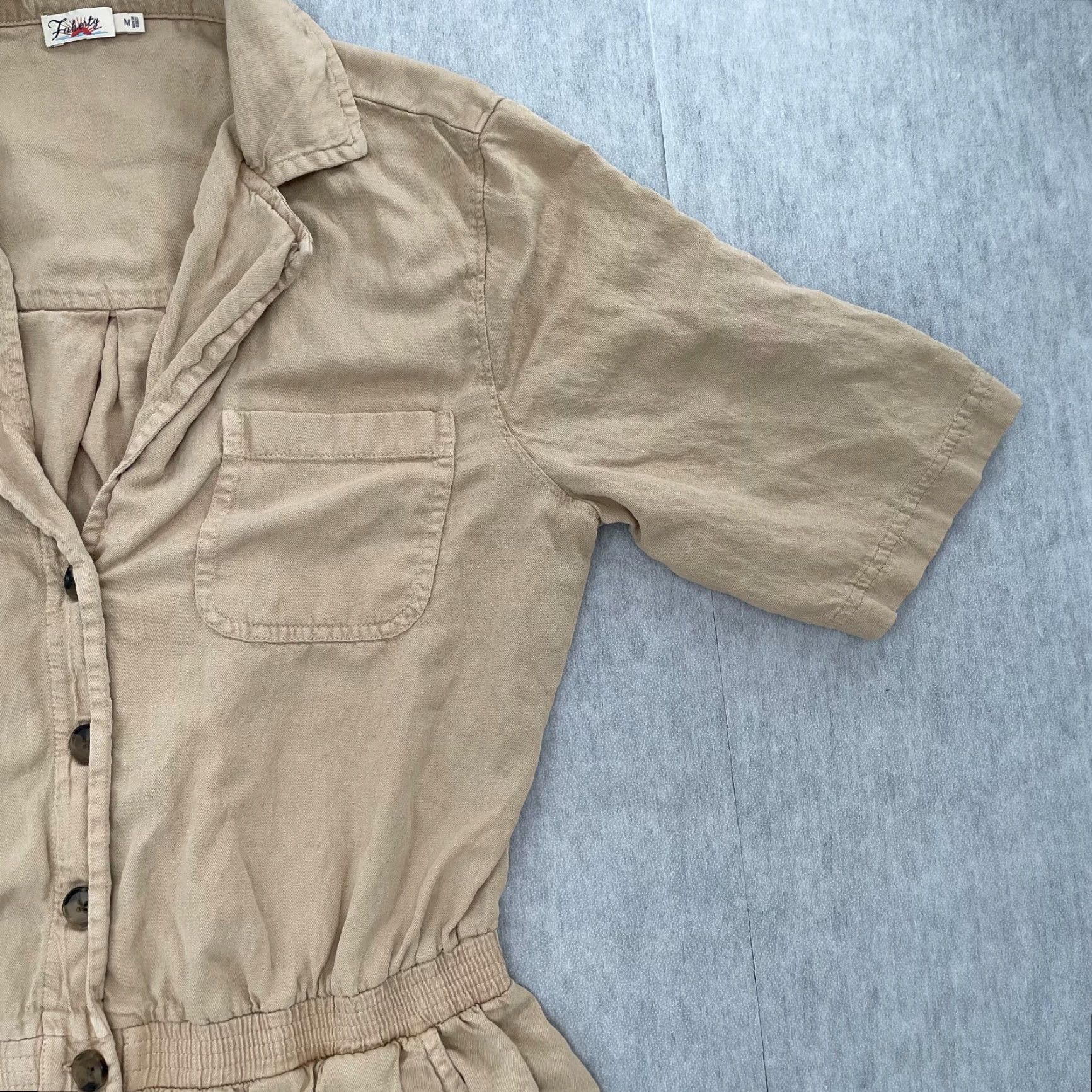Faherty VINTAGE Faherty Romper Womens M Tan Brown Linen Blend Short Sleeve Button Pockets Bohemian Summer Size 32" / US 10 / IT 46 - 5 Thumbnail