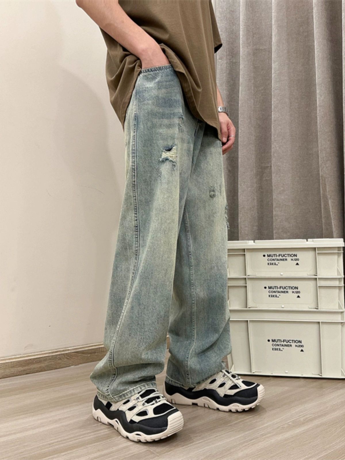 Japanese Brand Men's American retro ripped straight washed loose jeans Size US 32 / EU 48 - 3 Thumbnail