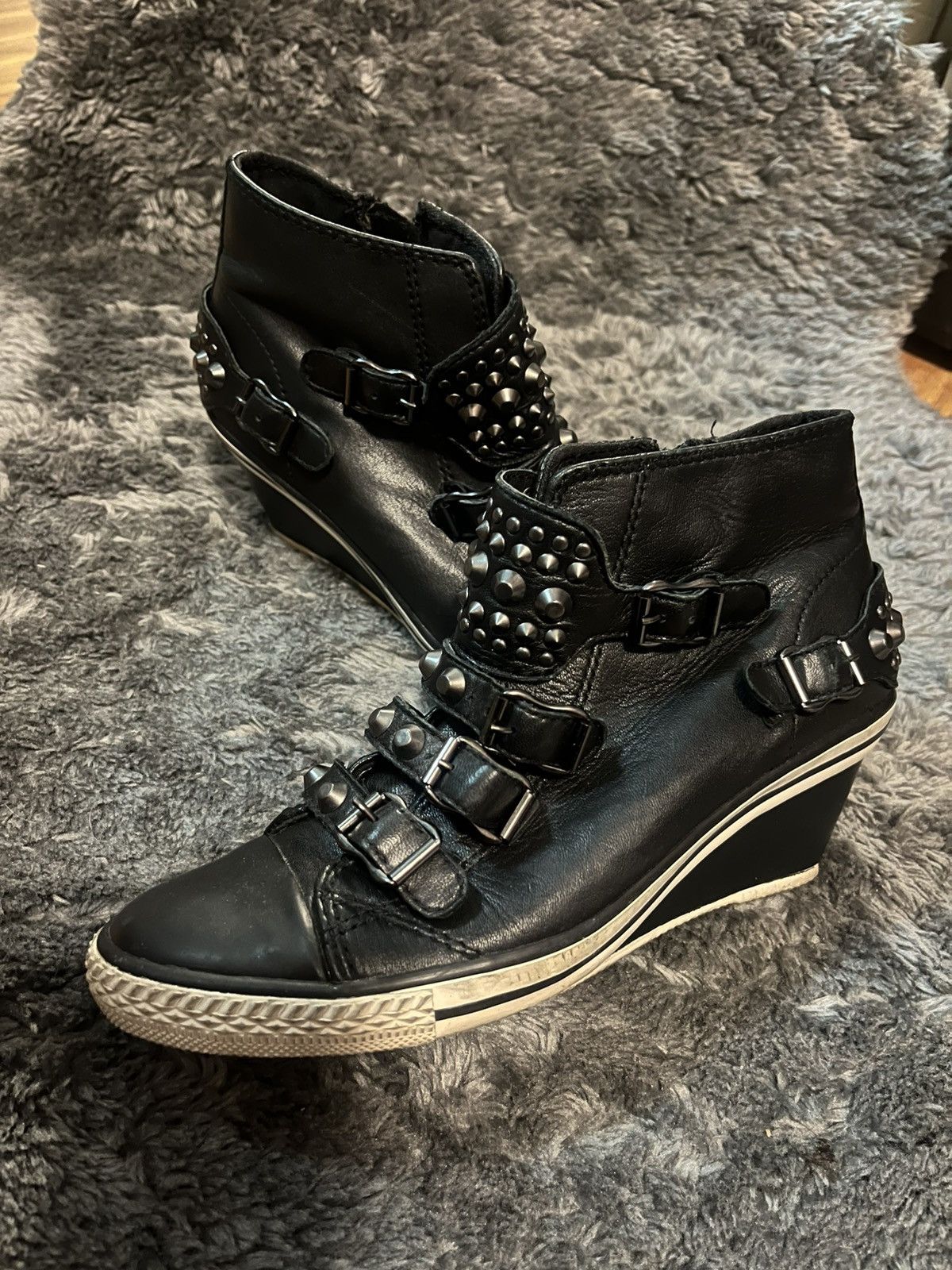 ASH Ash black leather studded wedges Size US 7 / IT 37 - 1 Thumbnail