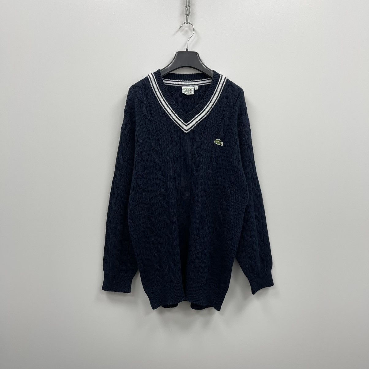 Lacoste Lacoste Sport Cotton Cable Knit Vintage V-Neck Sweater Navy Size US XL / EU 56 / 4 - 1 Thumbnail