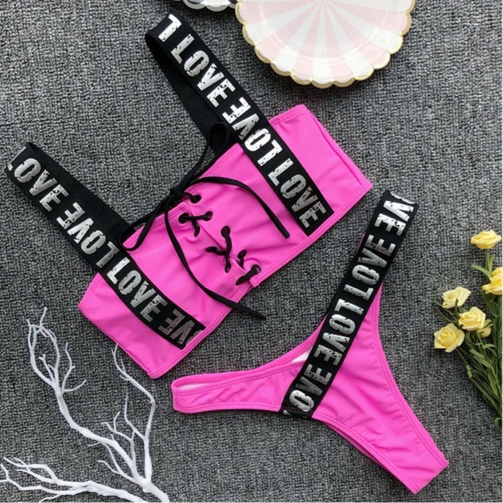 Other New Stylish Pink Lace-Up Bikini Swimsuit Bathing Suit Set S Size ONE SIZE - 2 Thumbnail