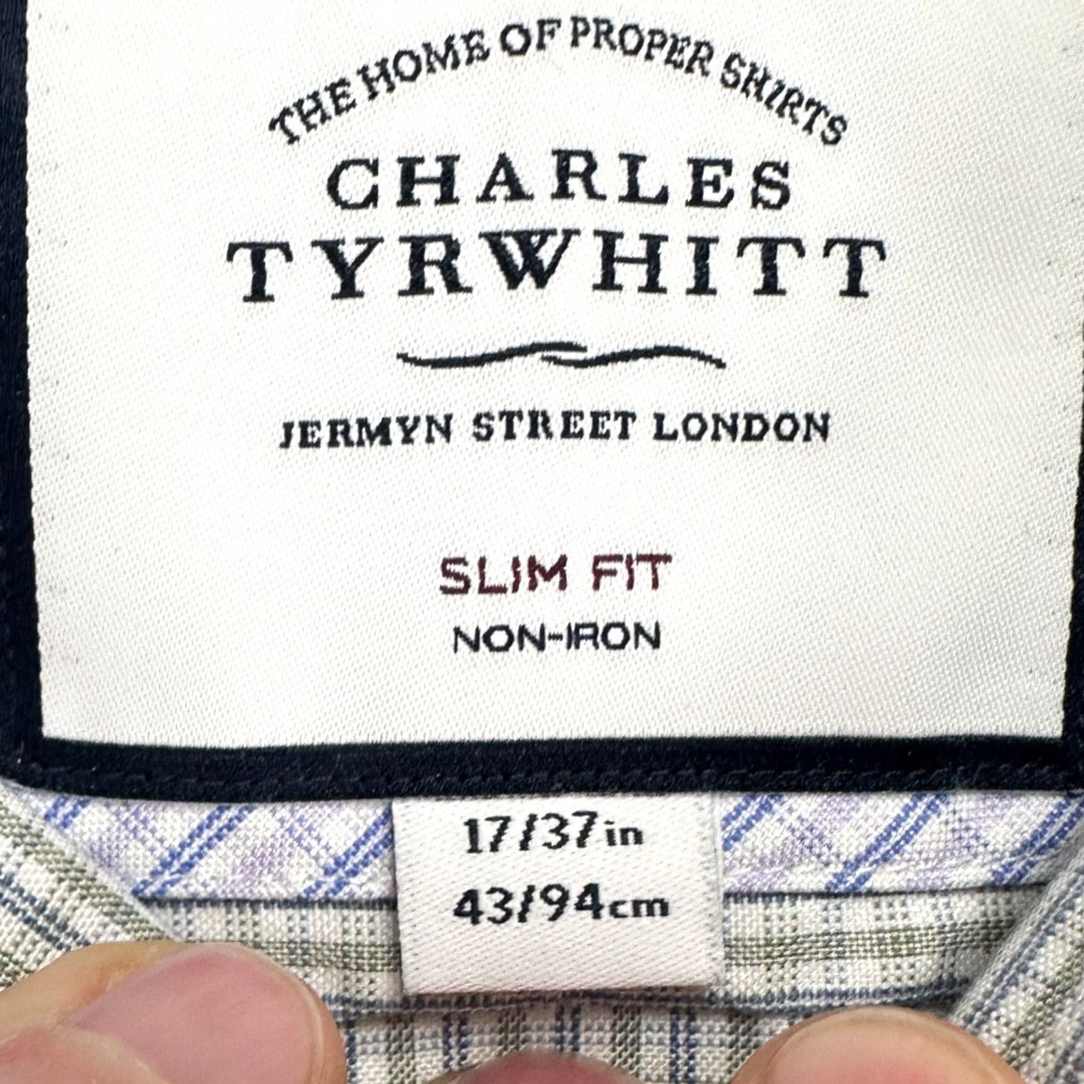 Charles Tyrwhitt Charles Tyrwhitt Mens Dress Shirt Green Blue Plaid Slim Fit Long Sleeve 17-37 Button-Down Collared Shirt Mens Size 46R - 5 Thumbnail