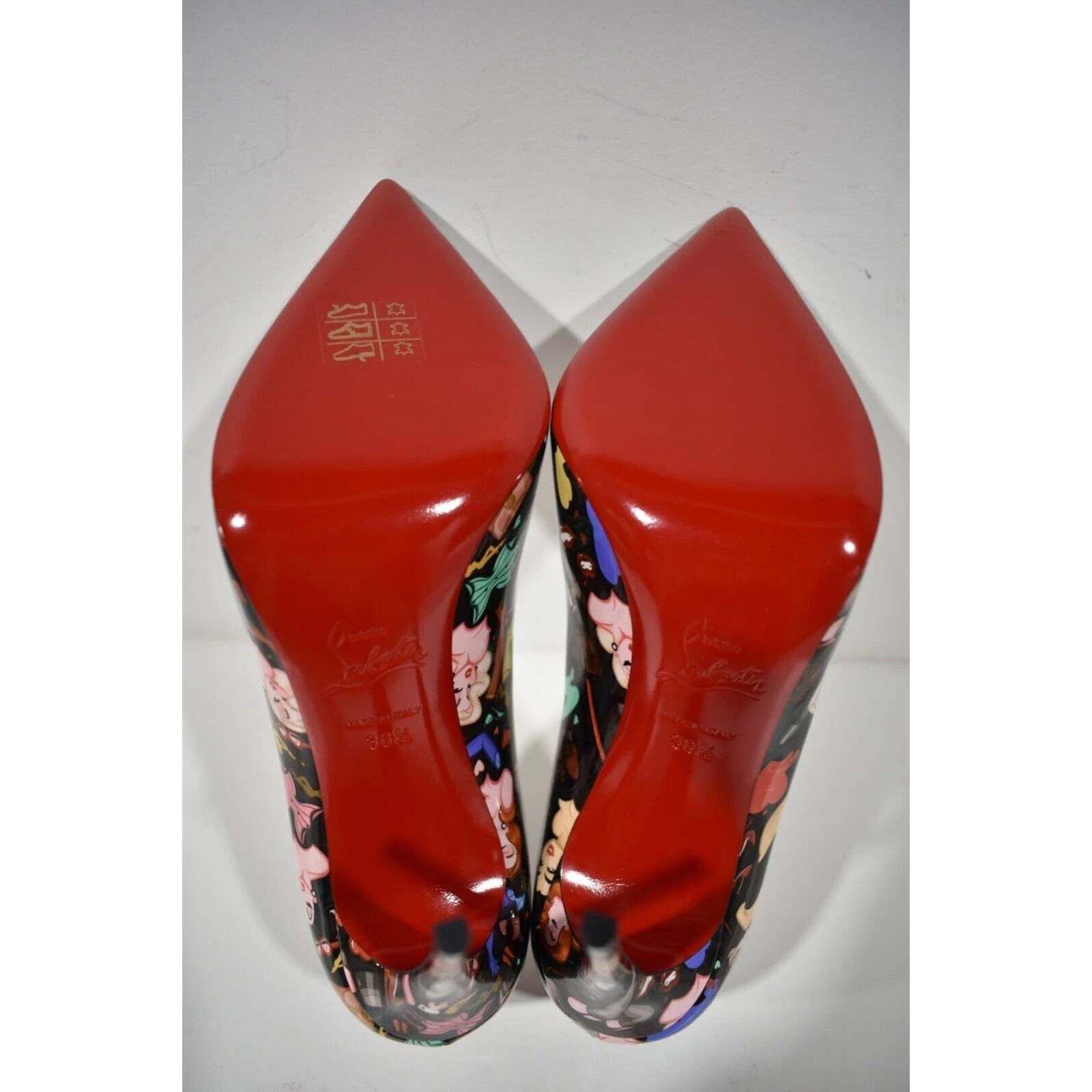 Christian Louboutin Hot Chick 100 Black Patent Leather Bored Red Heel Pump 38.5 Size US 8.5 / IT 38.5 - 12 Thumbnail