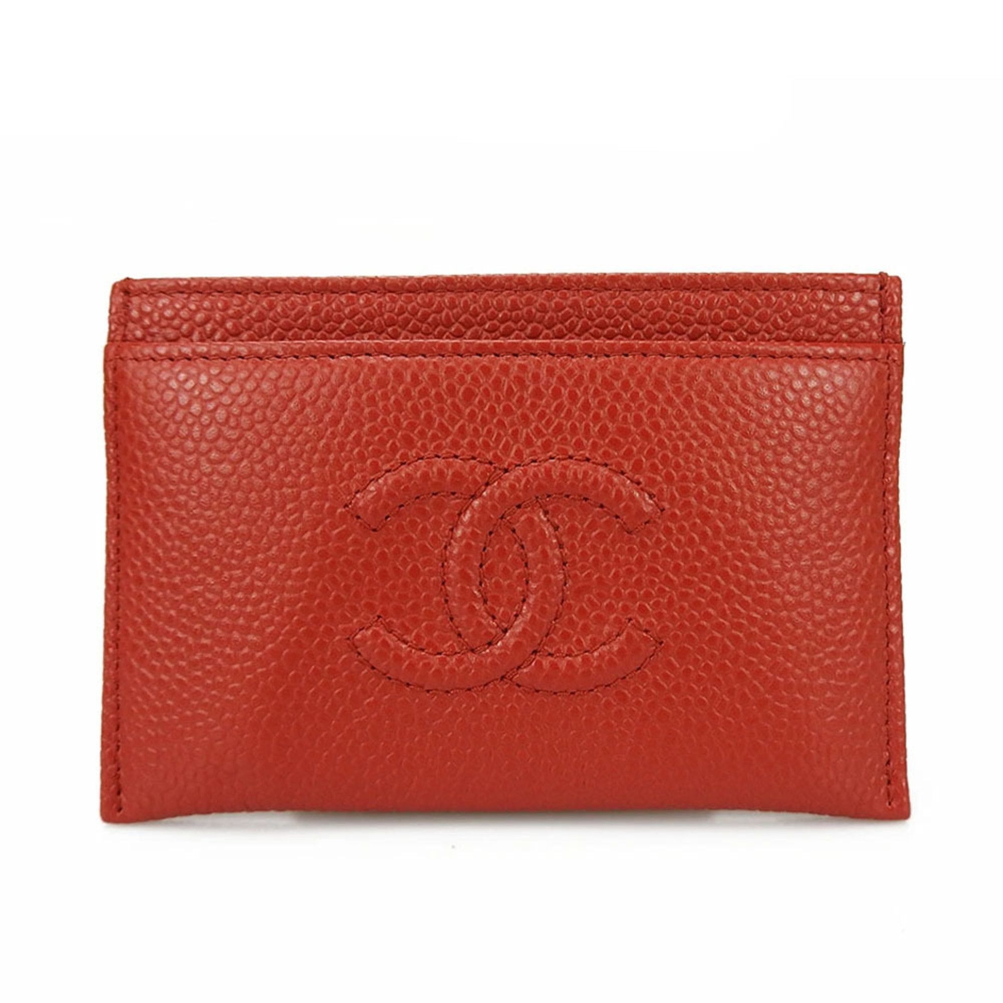 image of Chanel Card Case Caviar Skin 2 Leather Coco Mark Red Credit Leather Used Second Hand Caviarskin B-A