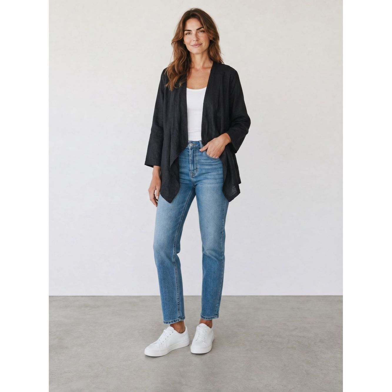 Chicos Chico's Black Open Front Drape Linen Blazer Jacket Size 2 U Size L / US 10 / IT 46 - 1 Thumbnail