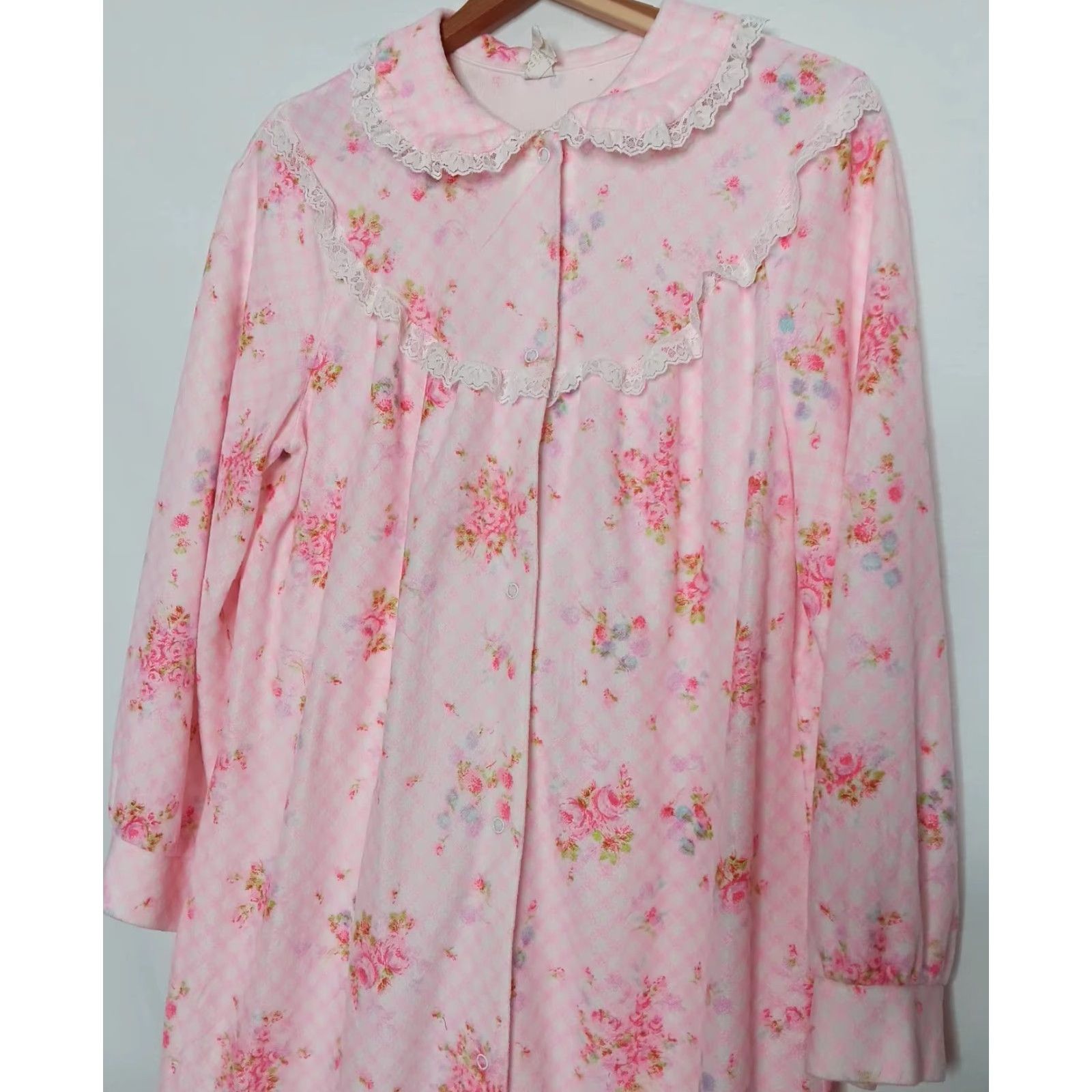 Pinko VINTAGE Philmaid Nightgown L Pink Gingham Floral Lace Snap Maxi Granny Long Women's Size ONE SIZE - 4 Thumbnail