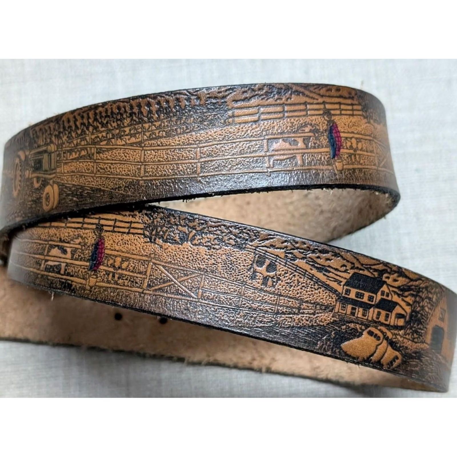Vintage VINTAGE FARMING Western belt Buckle tooled cowhide leather 36 brown Men Belt Size 36 - 2 Thumbnail