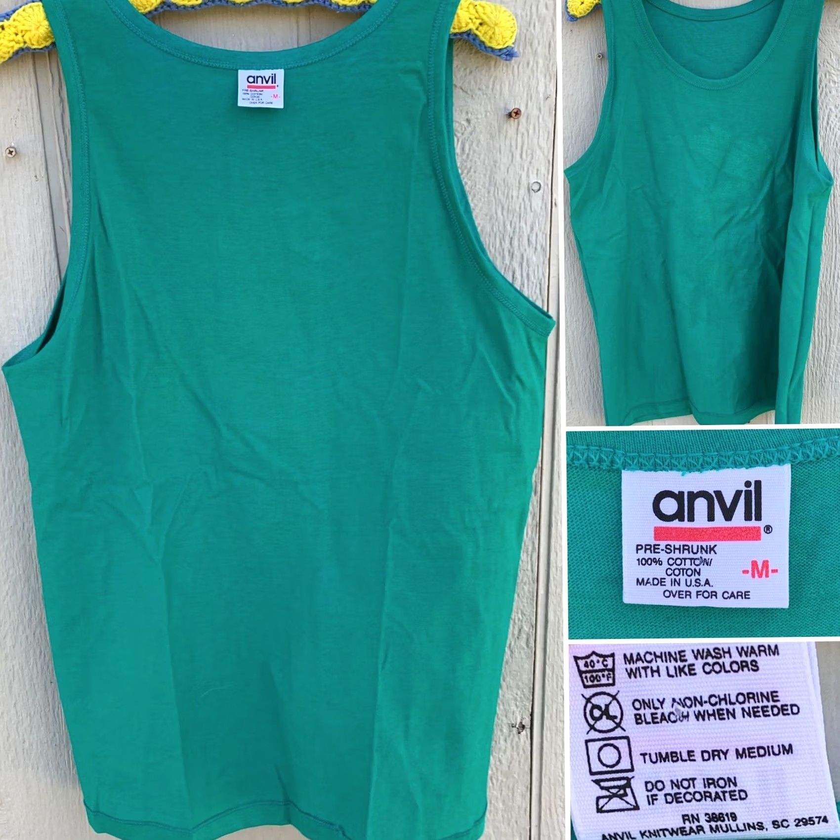 Anvil VINTAGE Shark Sharks Tank Top Made In USA M Medium Green 1990s Graphic Tee Mens Size US M / EU 48-50 / 2 - 7 Thumbnail