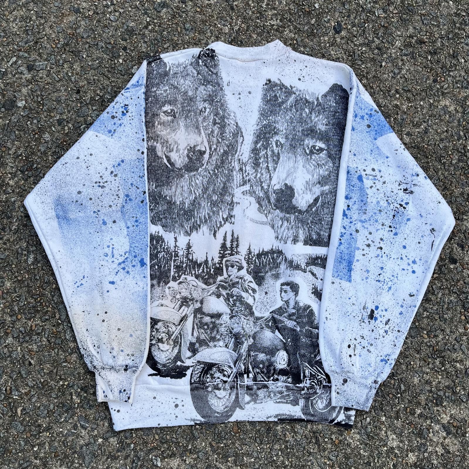 Vintage Vintage 90s All Over Print Wolf Motorcycle Nature Sweatshirt Size US M / EU 48-50 / 2 - 2 Thumbnail