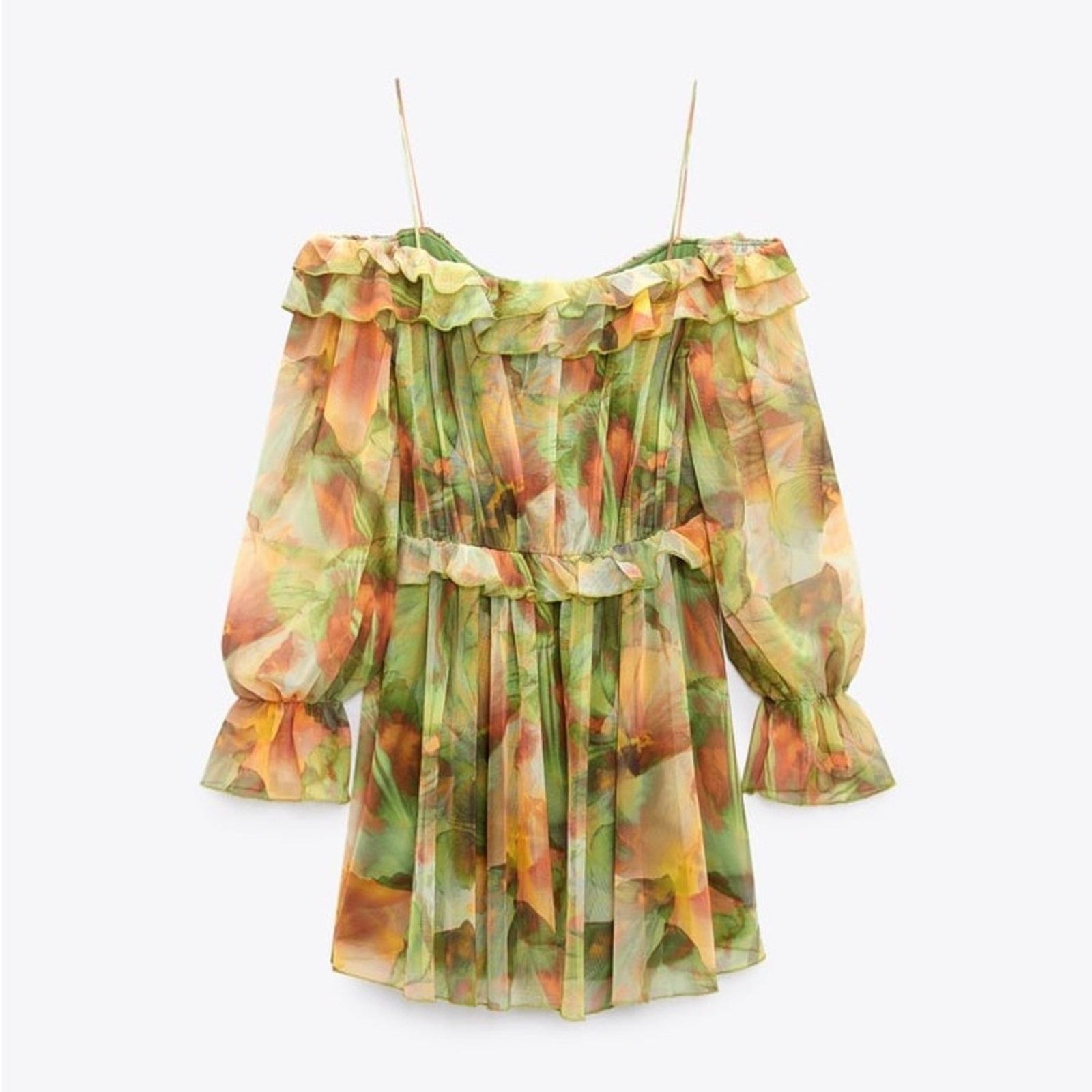 Zara ZARA BLOGGER FAVORITE PRINTED TULLE DRESS GREEN Size S / US 4 / IT 40 - 13 Thumbnail