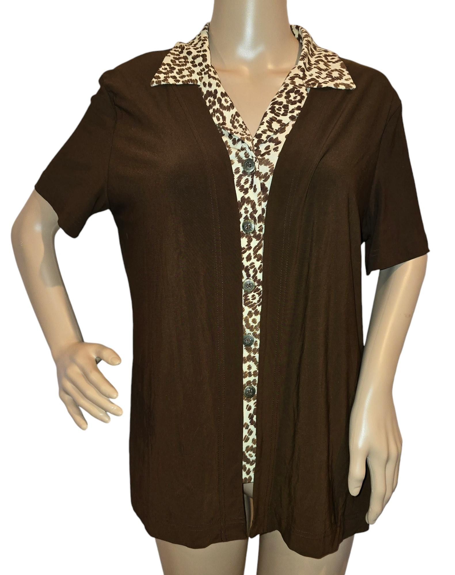 Designer Chic Brown Short Sleeve Shirt with Leopard Print Size XL / US 12-14 / IT 48-50 - 1 Thumbnail