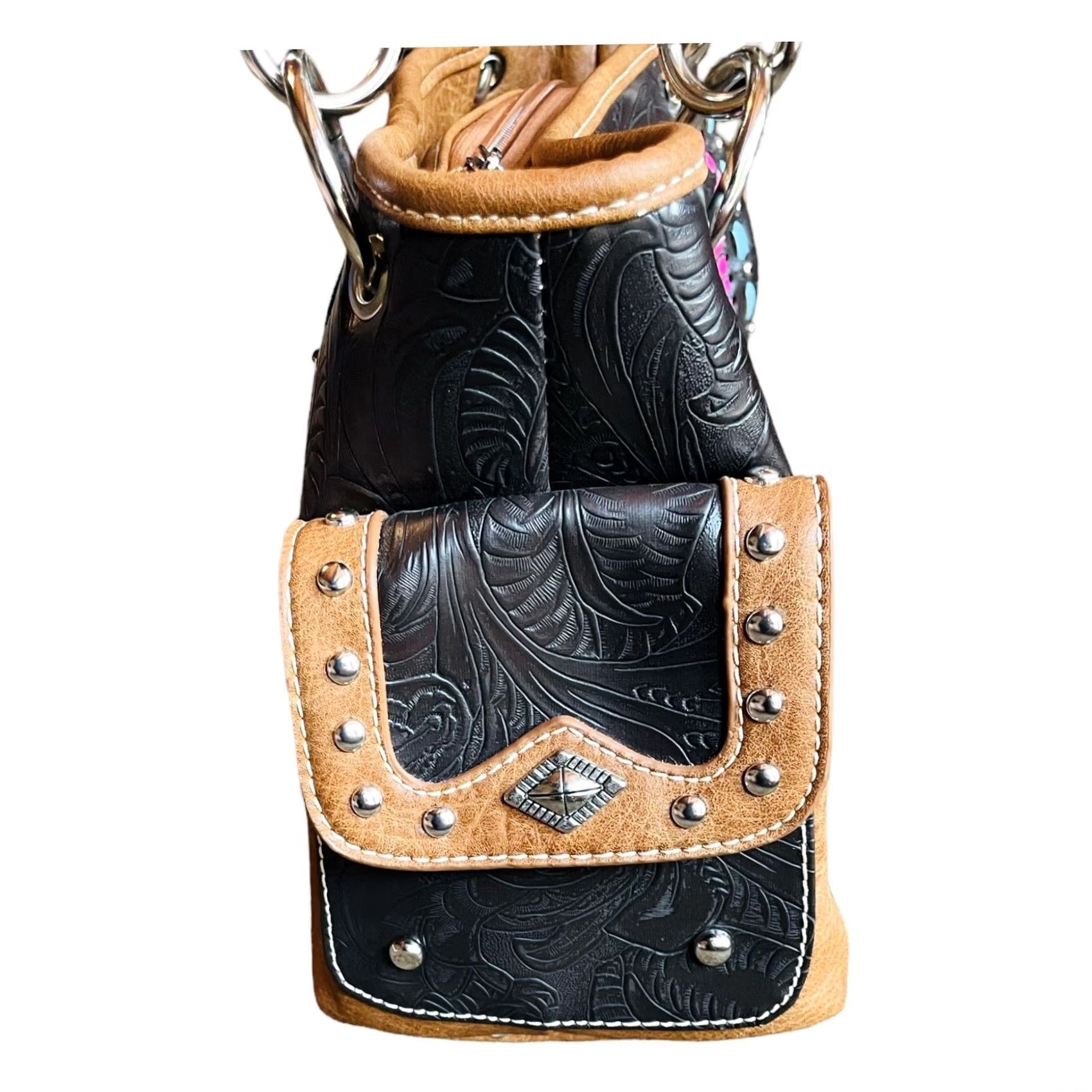 Vintage VINTAGE? No — Montana West Shoulder Bag Women's Purse Black Faux Leather Concho Collection Modern 13in 8in 5in Zip Inner Pockets Fringe Leather Strap Size ONE SIZE - 5 Thumbnail