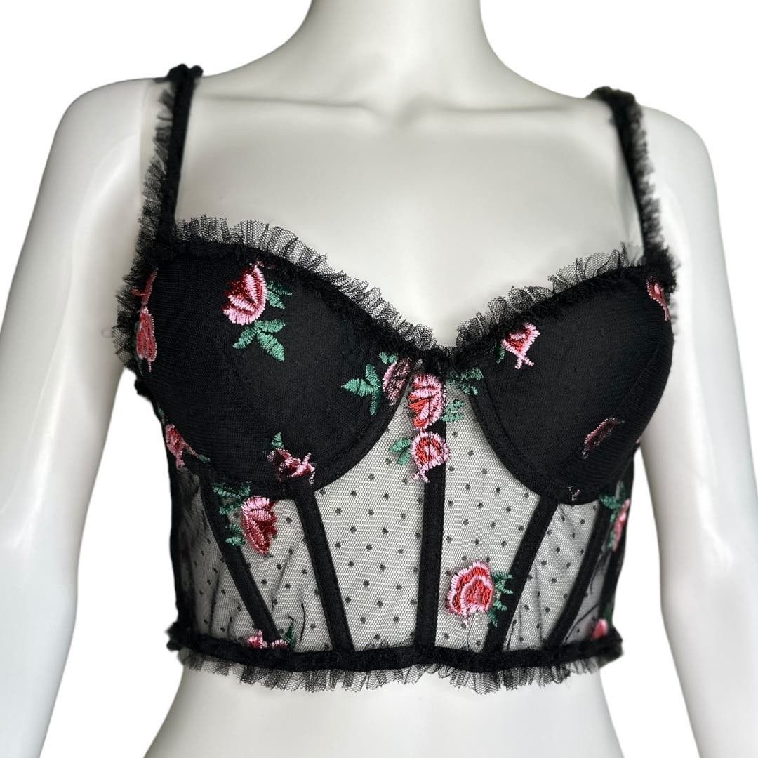 image of For Love Lemons For Love & Lemons Rosebud Bustier Black Lace Pushup Bra, Women's (Size Small)