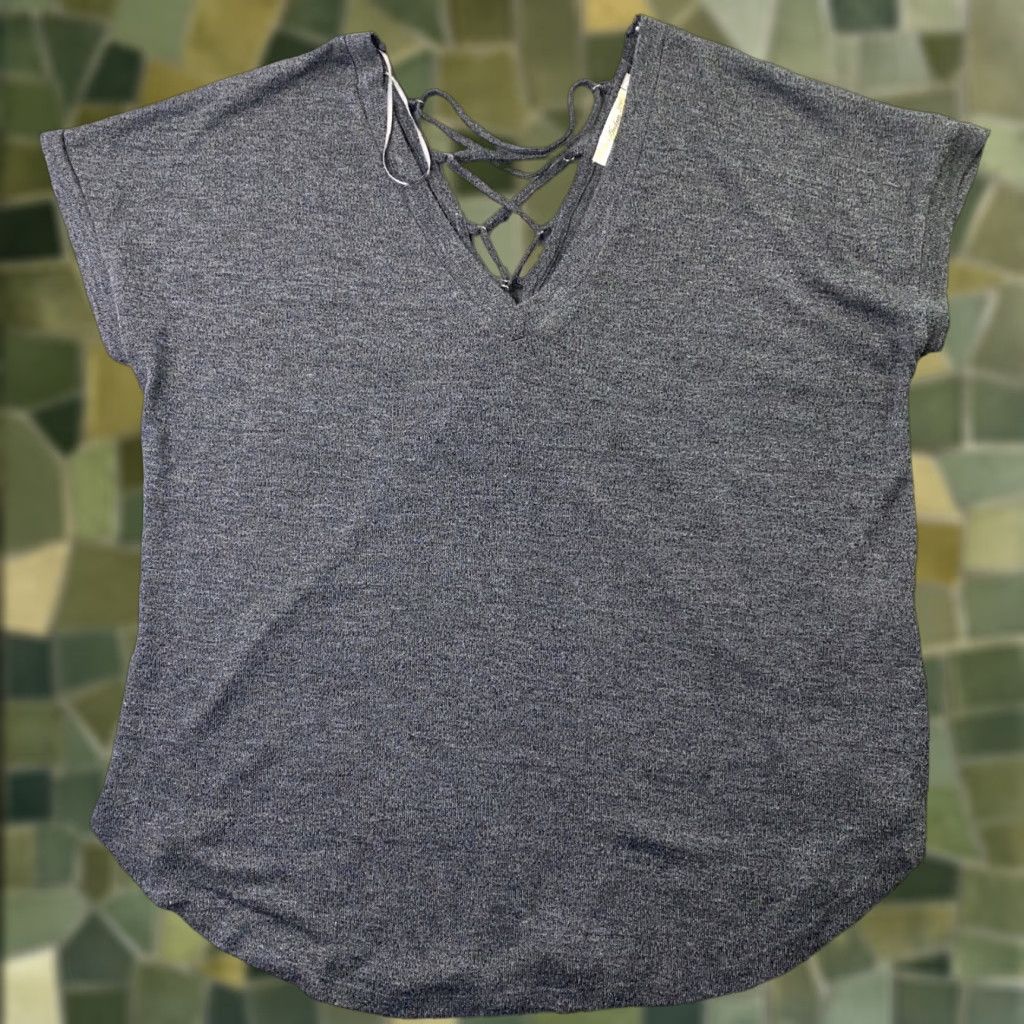Vintage Andree By Unit Womens Shirt Top L Gray V-Neck Lace-Up Back Cap Sleeve - (No added text) Size L / US 10 / IT 46 - 1 Thumbnail