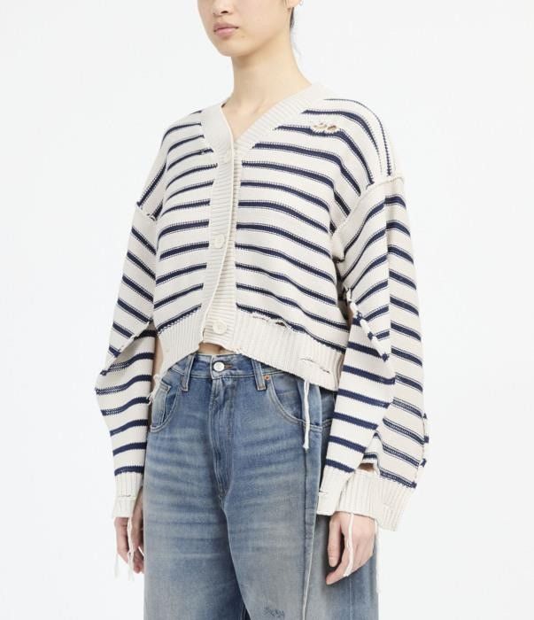 Maison Margiela o1bcso1str0426 MM Striped Knit Cardigan in White/Blue Size L / US 10 / IT 46 - 10 Thumbnail