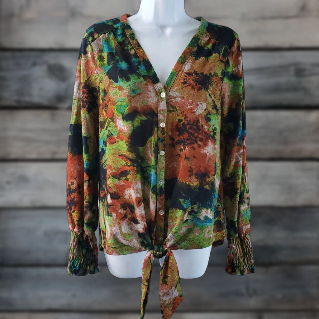 Vintage Figueroa & Flower Women's Knit Top Button-Up Sz M Red Blue Floral V-Neck Long Sleeve Size M / US 6-8 / IT 42-44 - 1 Thumbnail