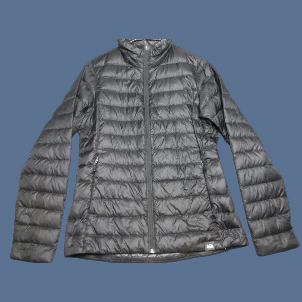 REI Jacket Womens Medium Black Puffer Down Nylon Full Zip Mock Neck Logo Outdoor