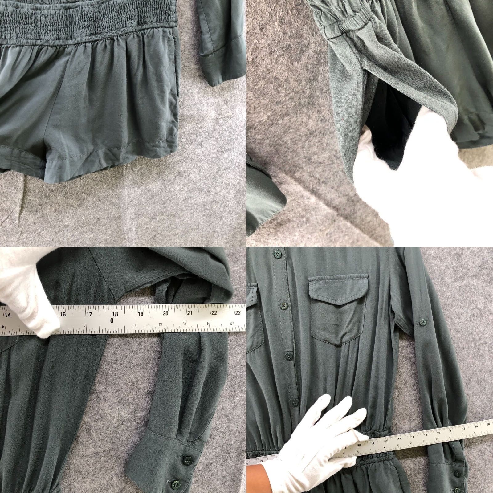 BCBGeneration VINTAGE BCBGeneration Romper Women's S Long Sleeve Collared Button Front Bohemian Green Rayon Utility Spring Summer Size S / US 4 / IT 40 - 8 Thumbnail