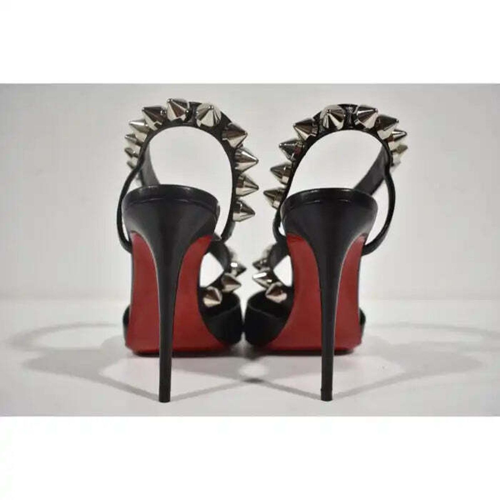 Christian Louboutin Spikita Pump 100 Black Silver Spike Strappy Sandal Heel 39 Size US 9 / IT 39 - 11 Thumbnail