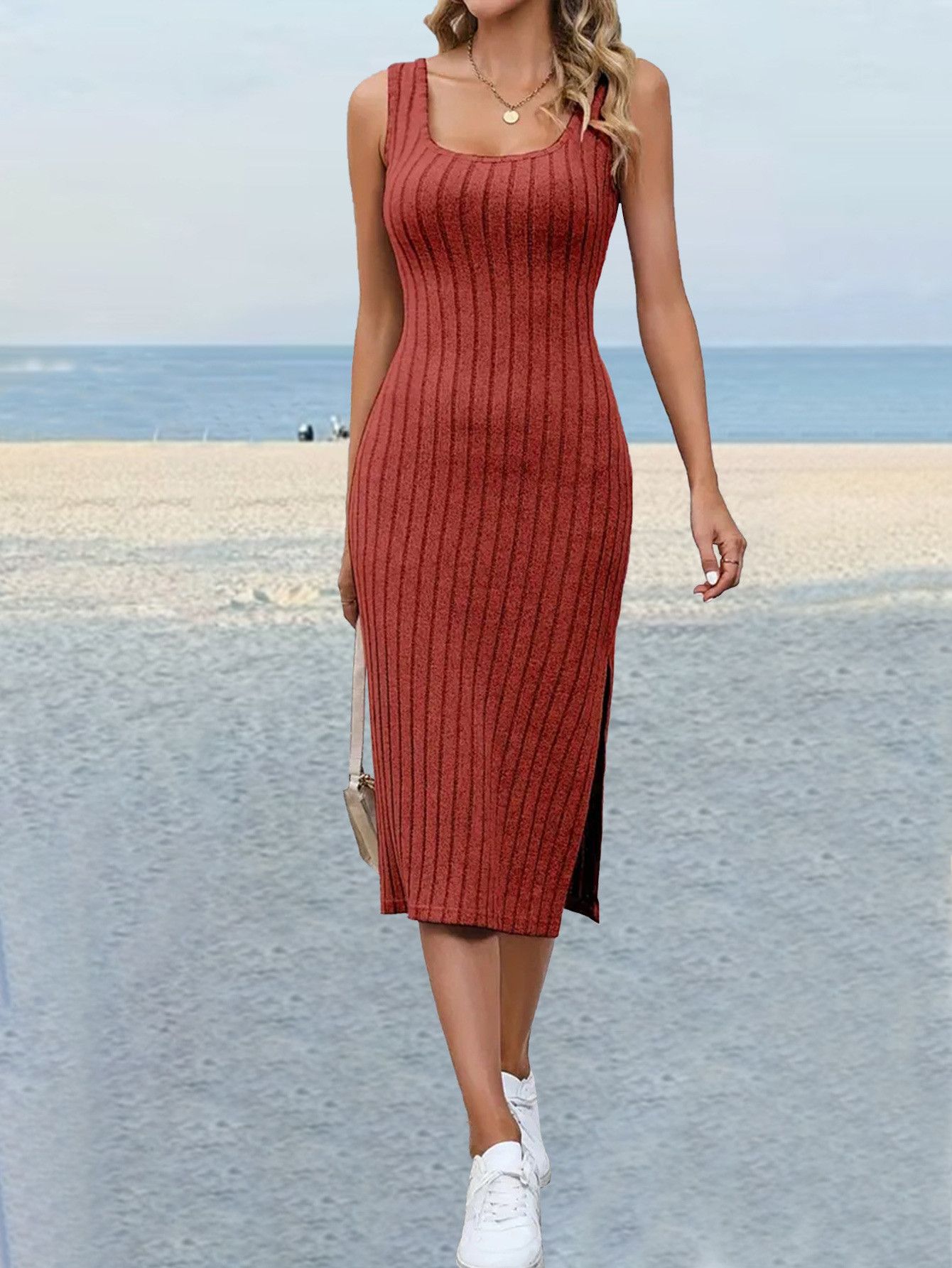 image of Vintage Sexy Pit Strip Design Sense Side Slit Slim Dress in Red, Women's (Size Medium)