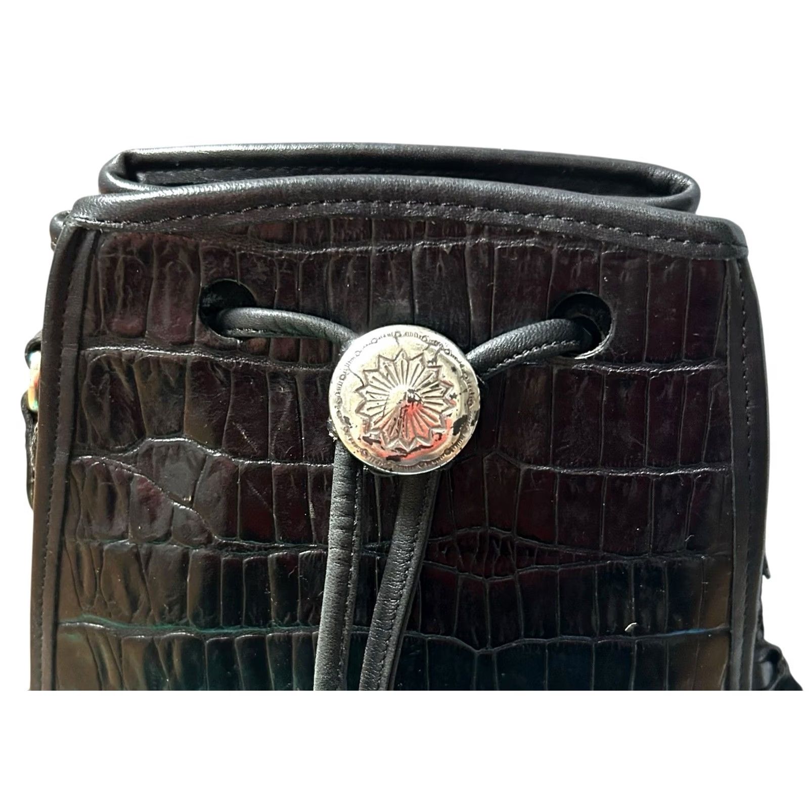 Brighton VINTAGE Brighton Black Leather Croc Embossed Drawstring Bucket Shoulder Bag Purse VTG Womens Small Crossbody Nature: Designer 90s Size ONE SIZE - 2 Thumbnail