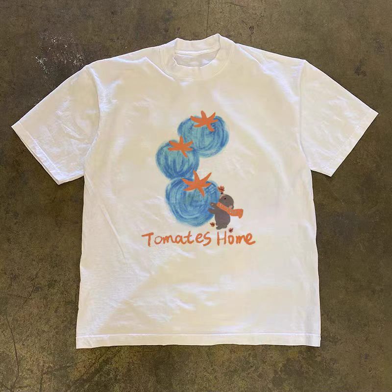 Vintage White Washed Vintage Cotton T-Shirt with Tomato Print Size US M / EU 48-50 / 2 - 1 Thumbnail