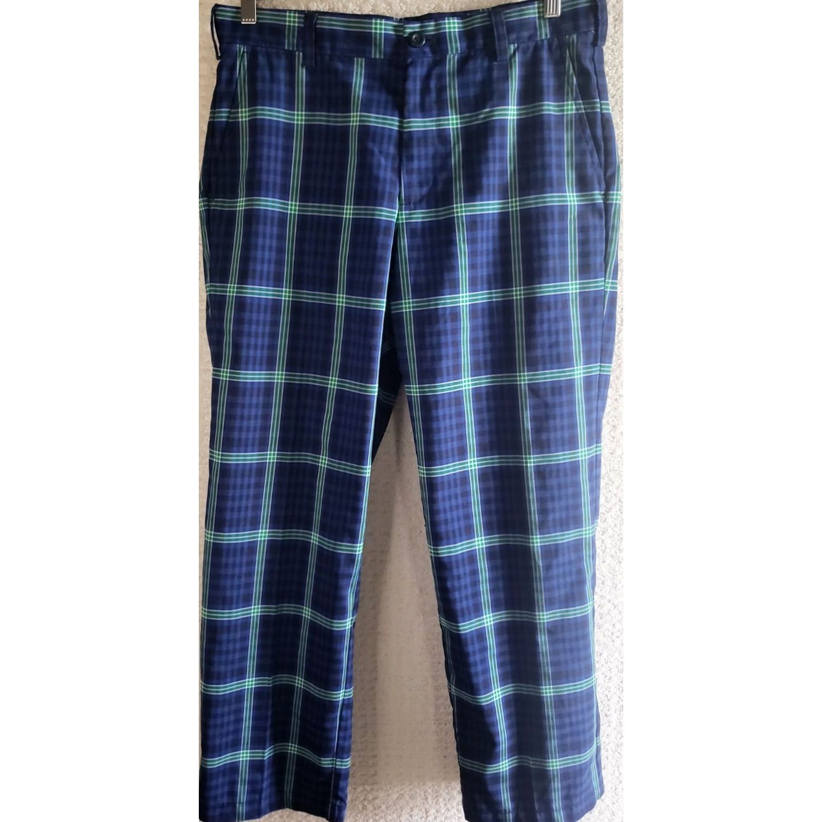 Izod Izod Golf Pants Mens 32x30 Blue Green Plaid Stretch Polyester Spandex Slimming Moisture Wicking Zip Slash Pockets Casual, Travel, Wedding, Golf Size US 32 / EU 48 - 2 Thumbnail