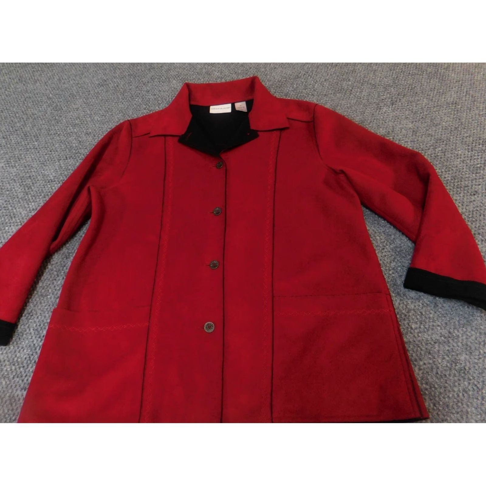Vintage Alfred Dunner Jacket Red Trench Coat Womens Size 10 Long Sleeve Button Collared Solid Knit Polyester Designer Fall Spring Size L / US 10 / IT 46 - 2 Thumbnail