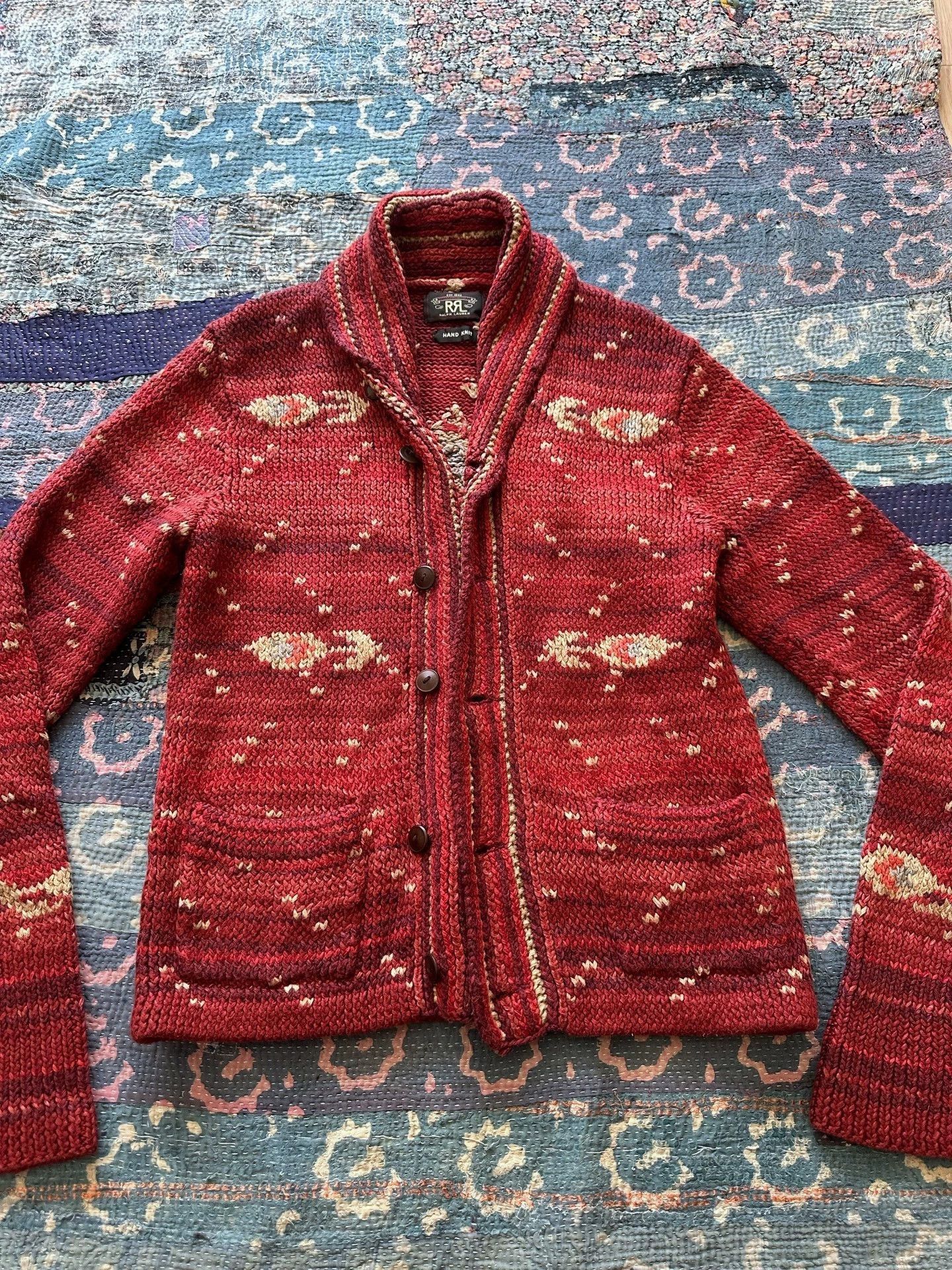 RRL Ralph Lauren Red Patterned Button-Front Knit Cardigan Size US XXS / EU 40 - 1 Thumbnail