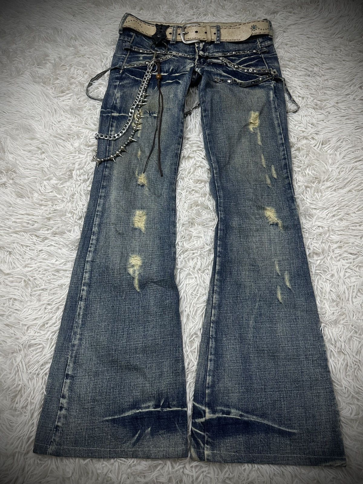 If Six Was Nine rare 2000s tornado mart straps studded flared denim jeans Size US 31 - 1 Thumbnail