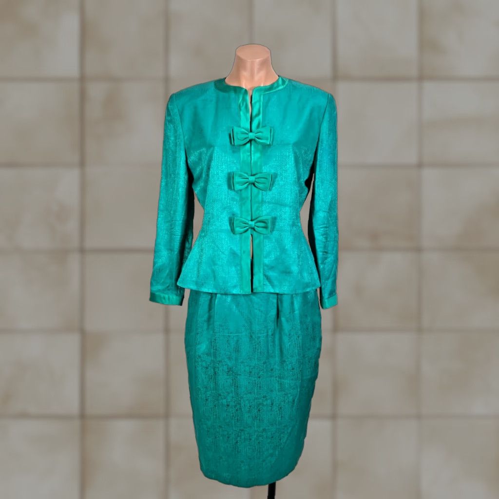 VINTAGE Adrianna Papell Teal Green Silk Skirt Jacket Blazer Bow Suit Set 8 Women Floral 90s Evening Cocktail