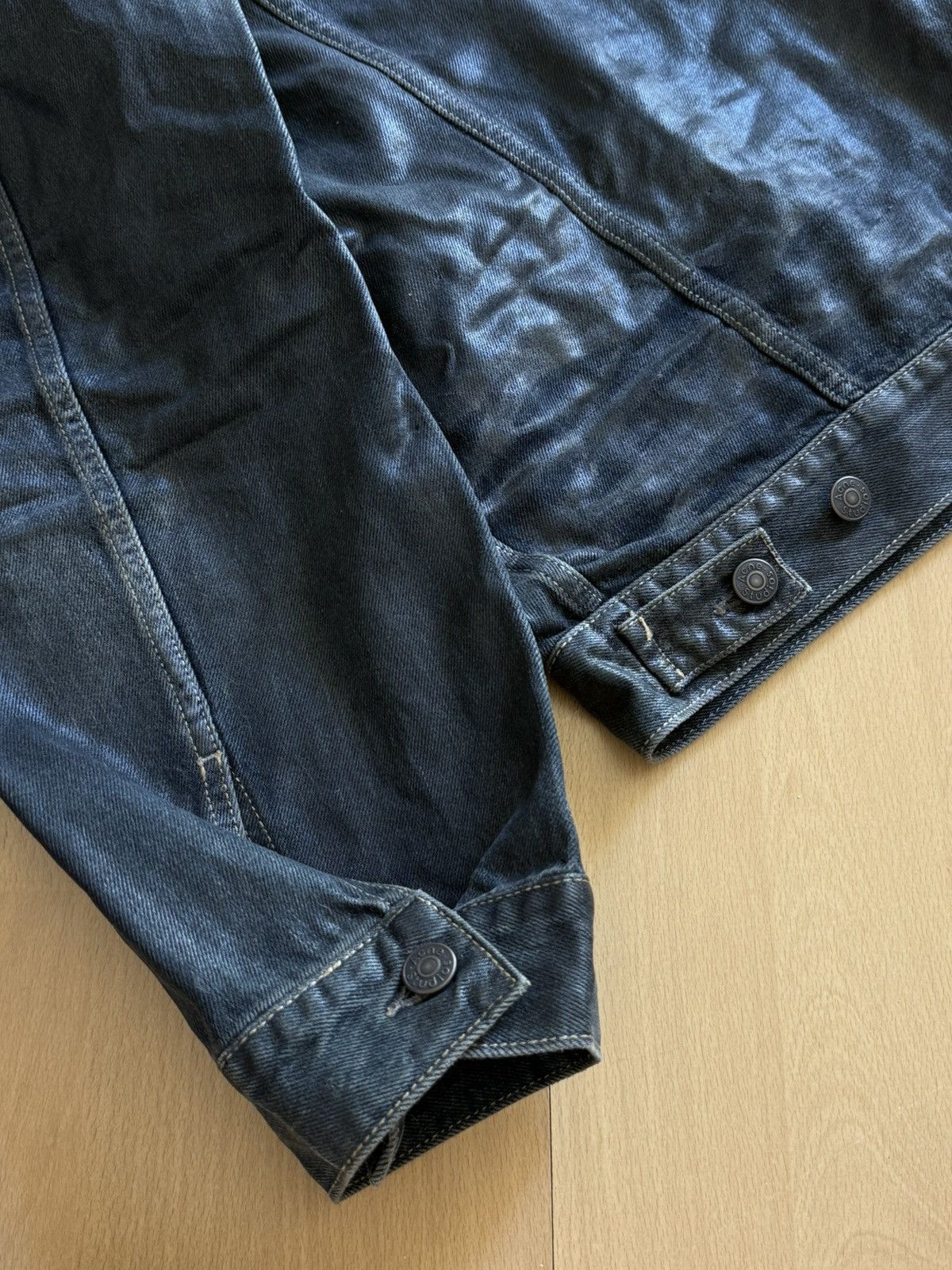 Glossy denim jacket with hood
