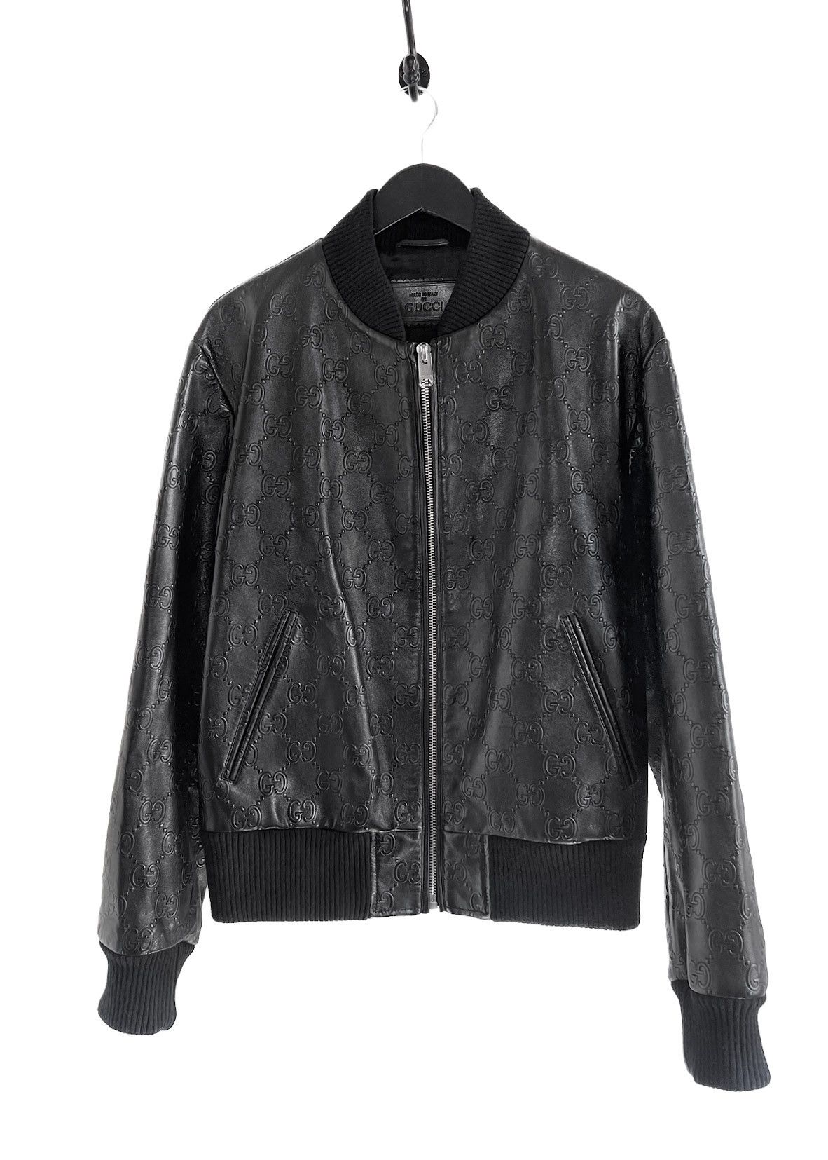 Black GG-embossed leather bomber jacket, Gucci