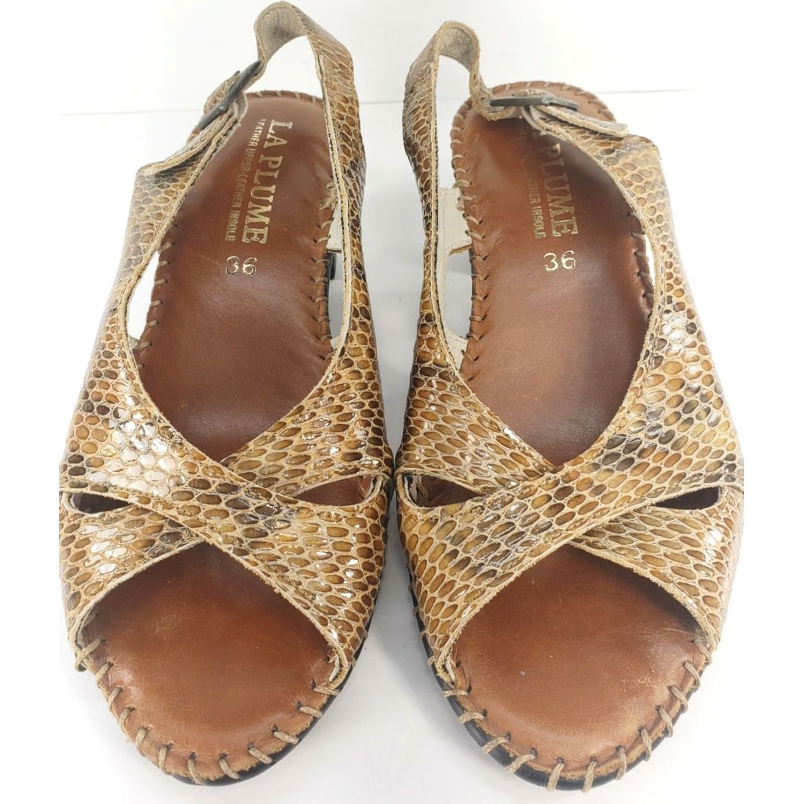 Vintage La Plume Leather Brown Tan Reptile Slingback Heeled Sandals Size 5-5.5M 36EU Women Size US 5.5 / IT 35.5 - 3 Thumbnail