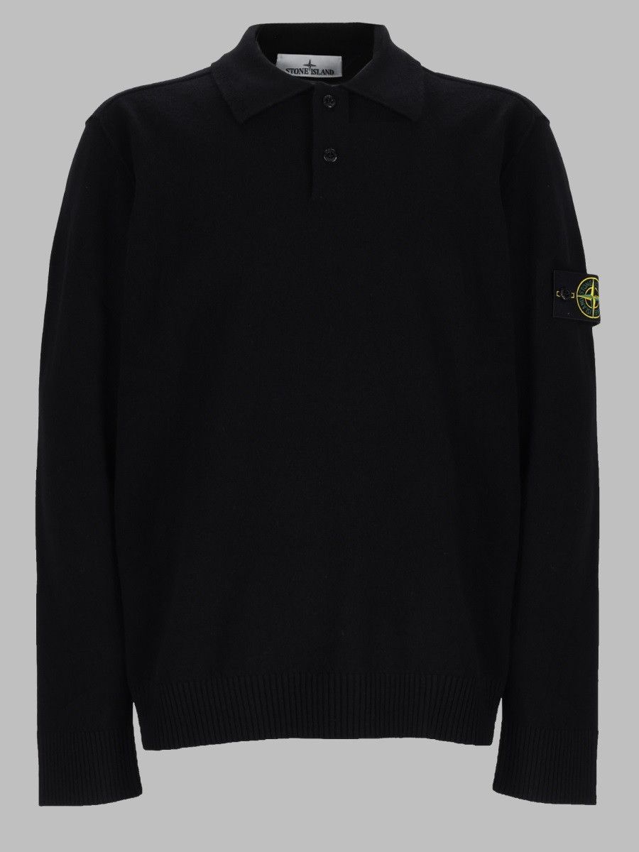 Stone Island Polo In Sweater With Patch Logo - Black, Men's