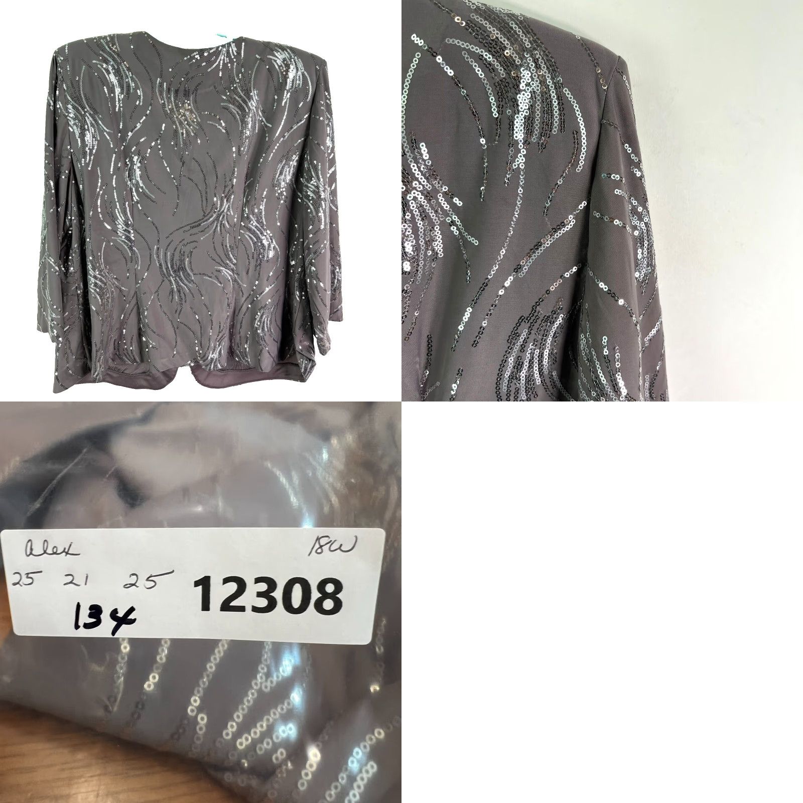 Alex Evenings ALEX Evening Womens Blazer 18W Shawl Lapel Gray Silver Sequin Geometric 50% Polyspanx Regular Size 18W Womens Size XXL / US 16-18 / IT 52-54 - 8 Thumbnail