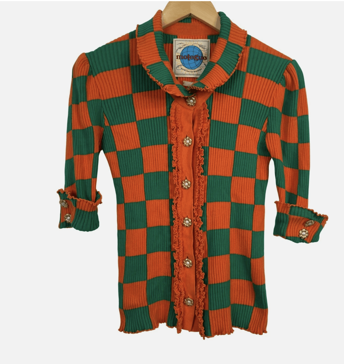 Other Motoguo Orange Green Checkered Ribbed Knit Ruffle Cardigan Size S / US 4 / IT 40 - 3 Thumbnail