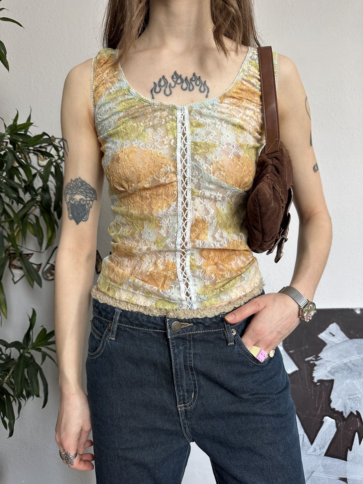 Vintage Vintage Fairy Core Mesh Lace Up Floral Pattern Blouse Size M / US 6-8 / IT 42-44 - 1 Thumbnail