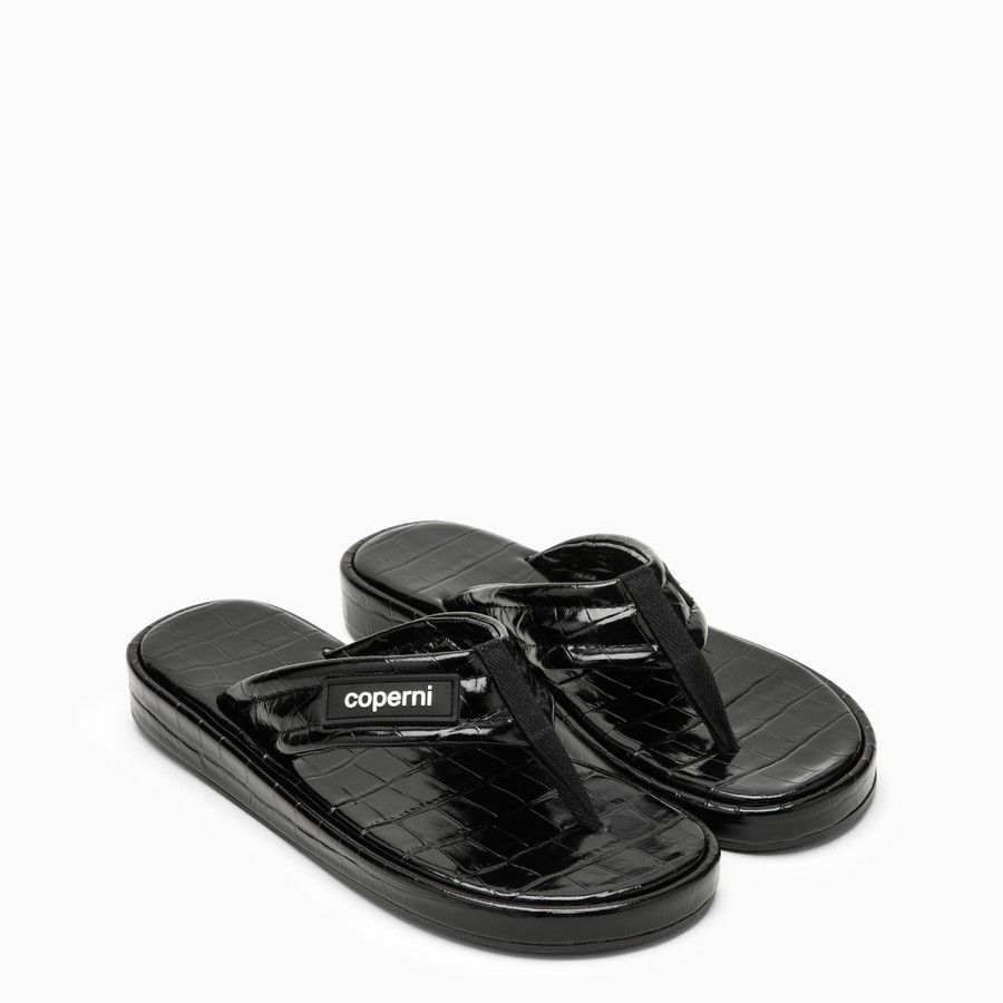 image of Coperni O1D2Blof0224 Black Leather Flip-Flops With Logo In Black Shoes, Women's (Size 8)