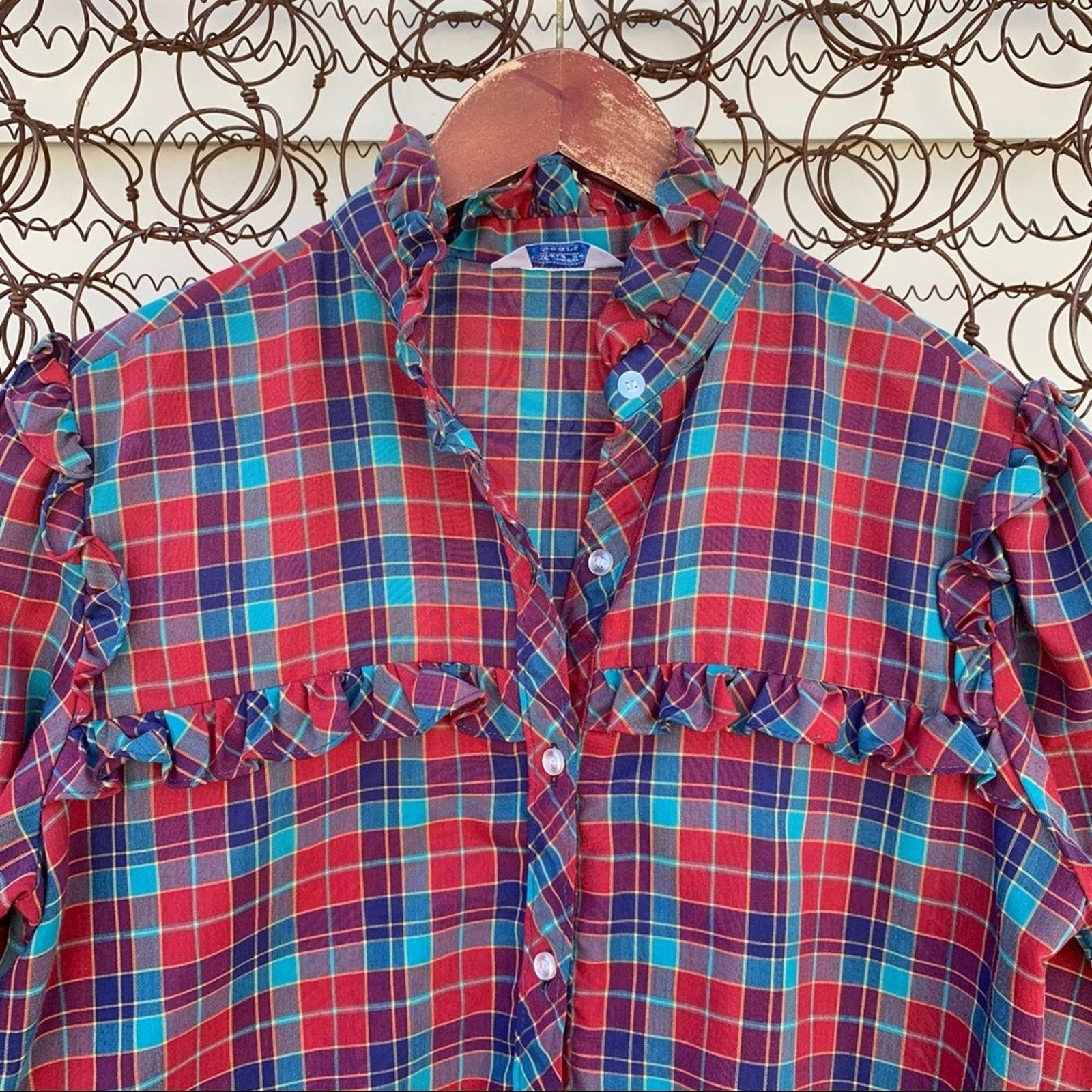 Sears Vintage 70s Sears red blue plaid ruffle blouse MEDIUM? Size M / US 6-8 / IT 42-44 - 5 Thumbnail