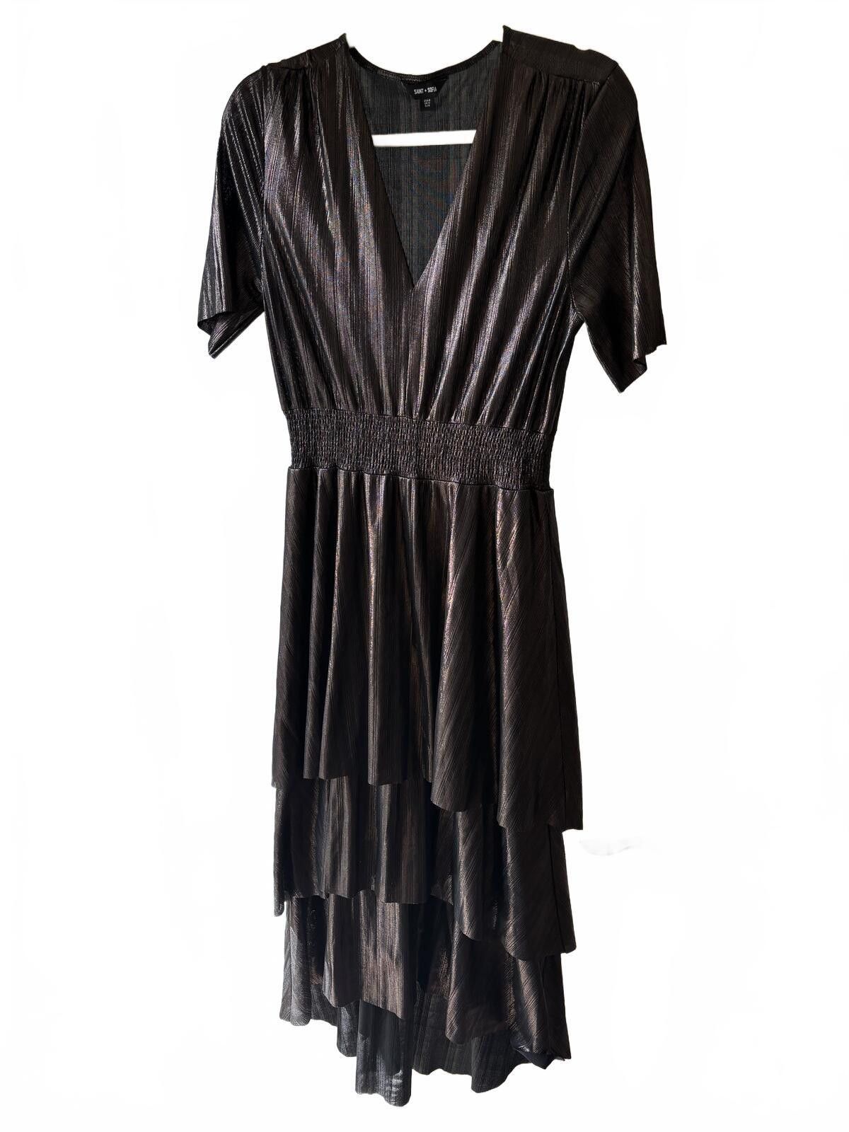 Other Saint + Sofia Gunmetal Metallic Tiered Midi Dress - Size 8 Size M / US 6-8 / IT 42-44 - 2 Thumbnail