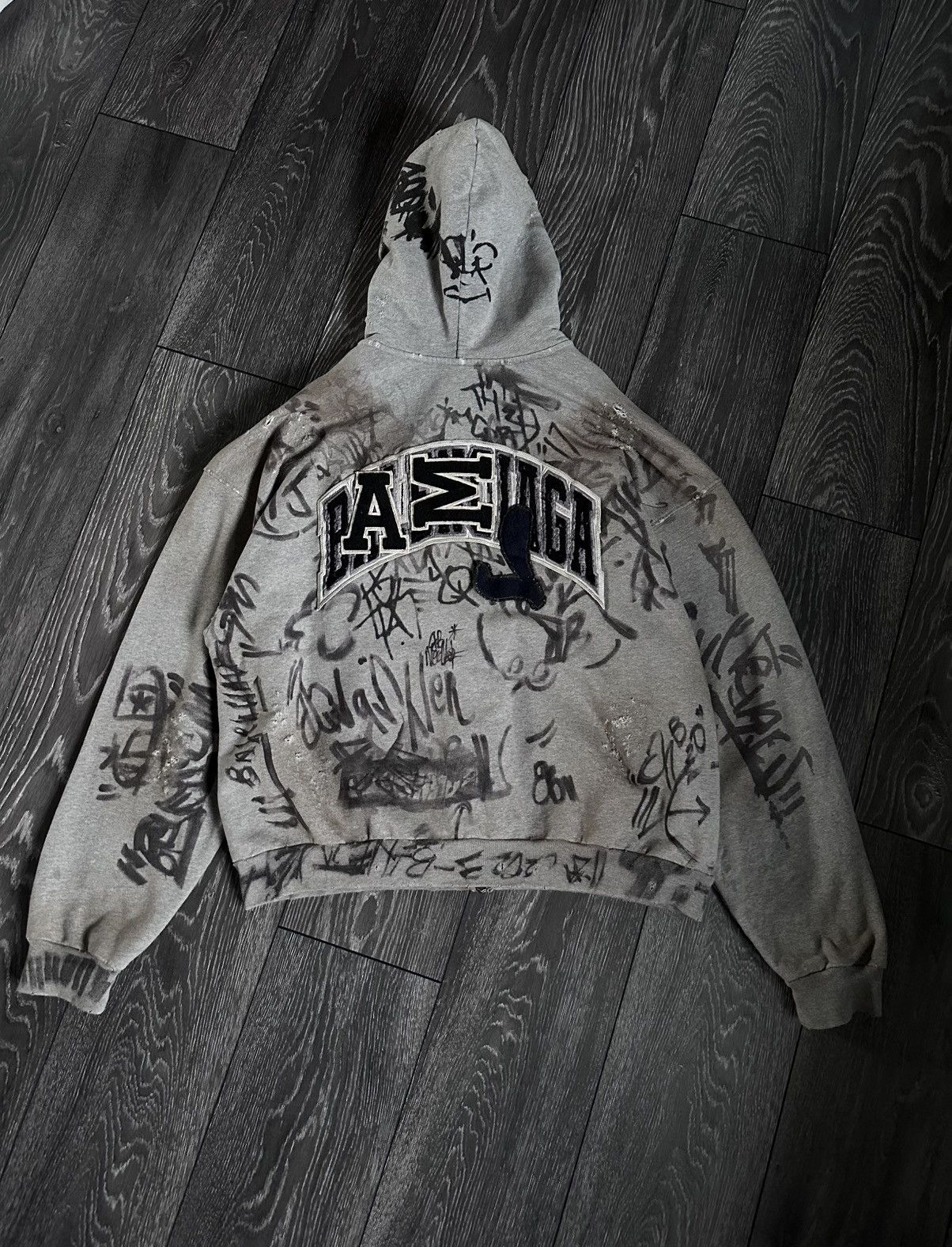 balenciaga skater graffiti distressed zip up hoodie grey
